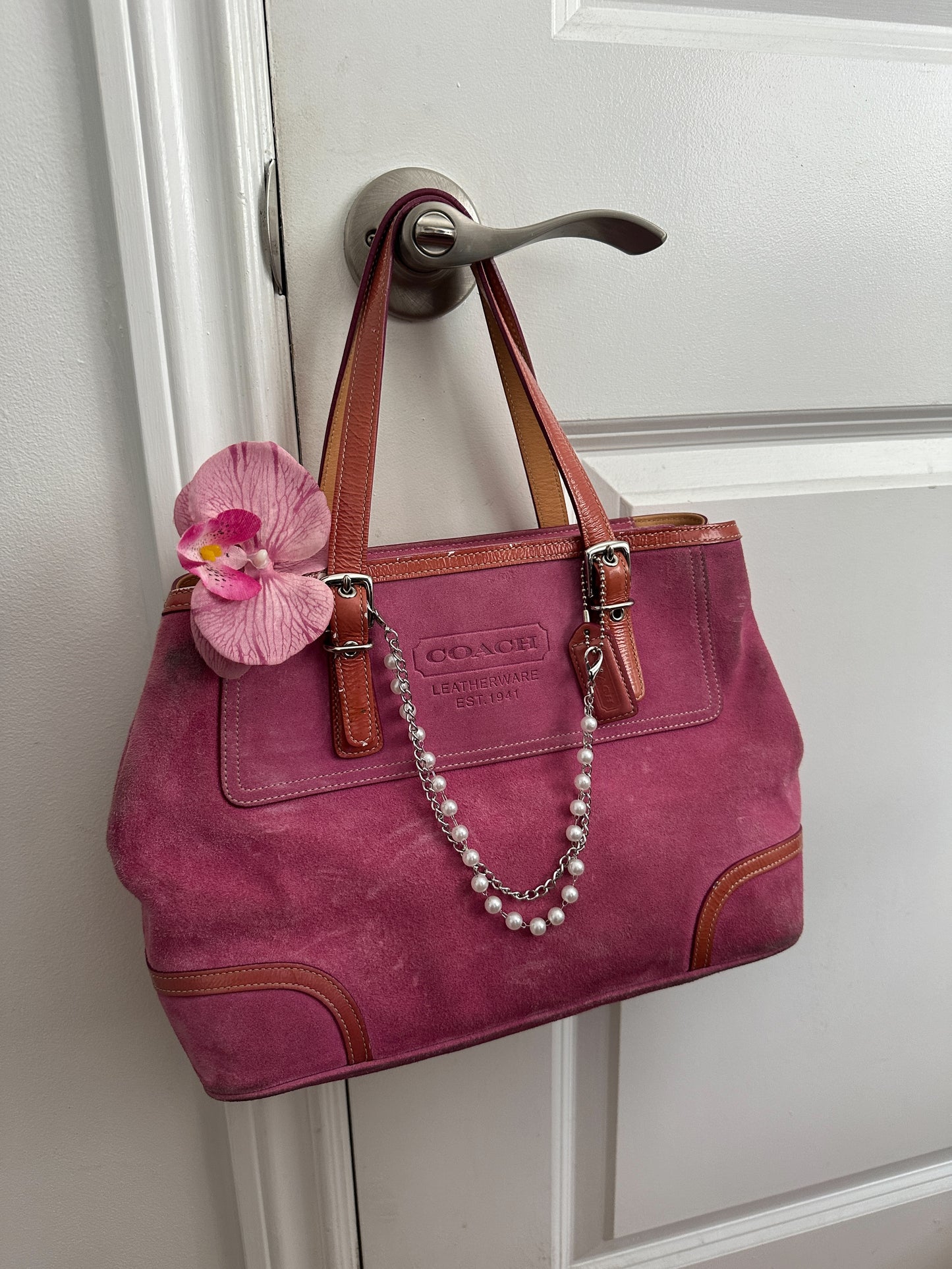 Pink Suede Coach Hamptons Tote Bag
