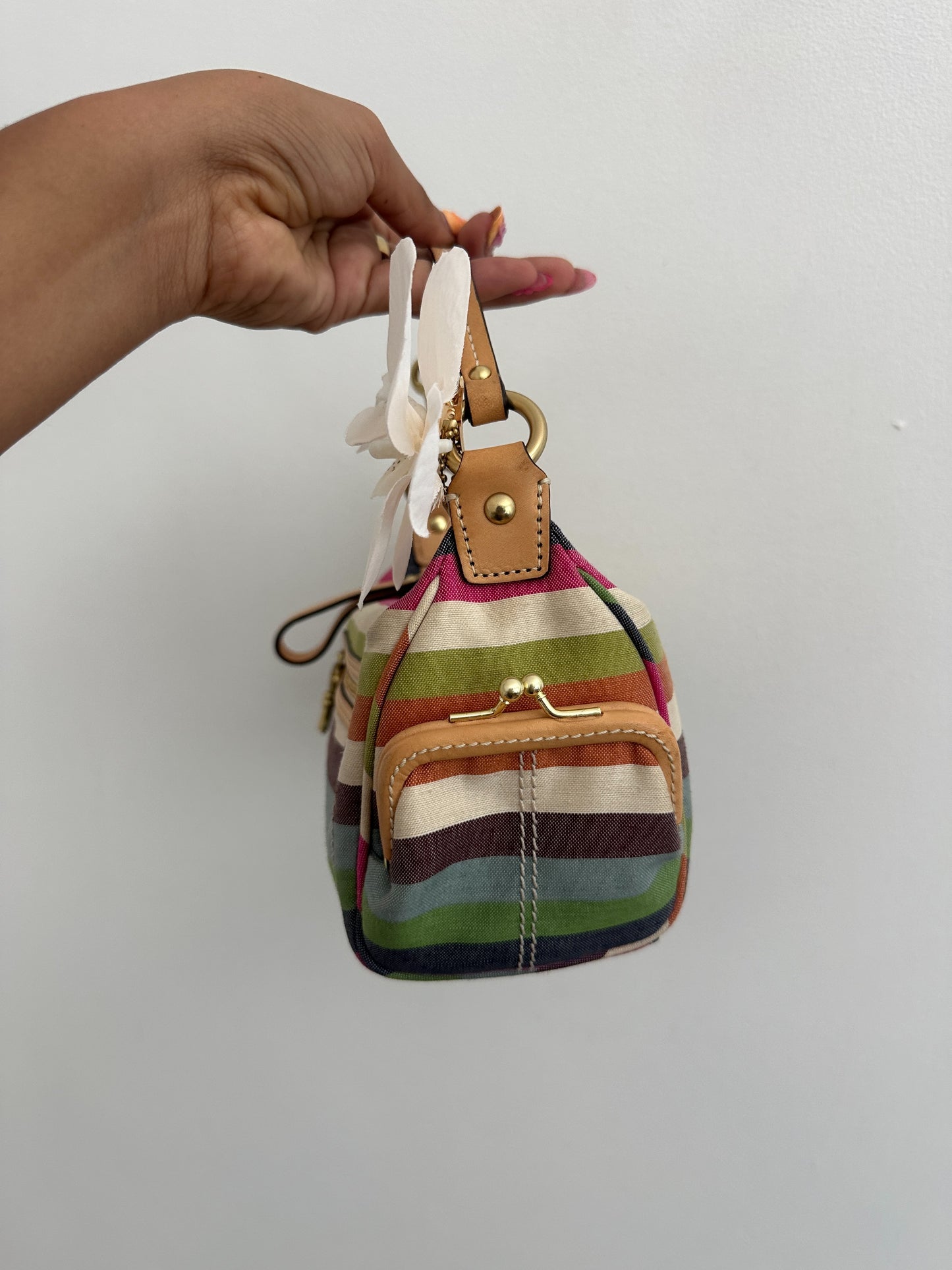 Coach Striped Kisslock Top Handle Bag
