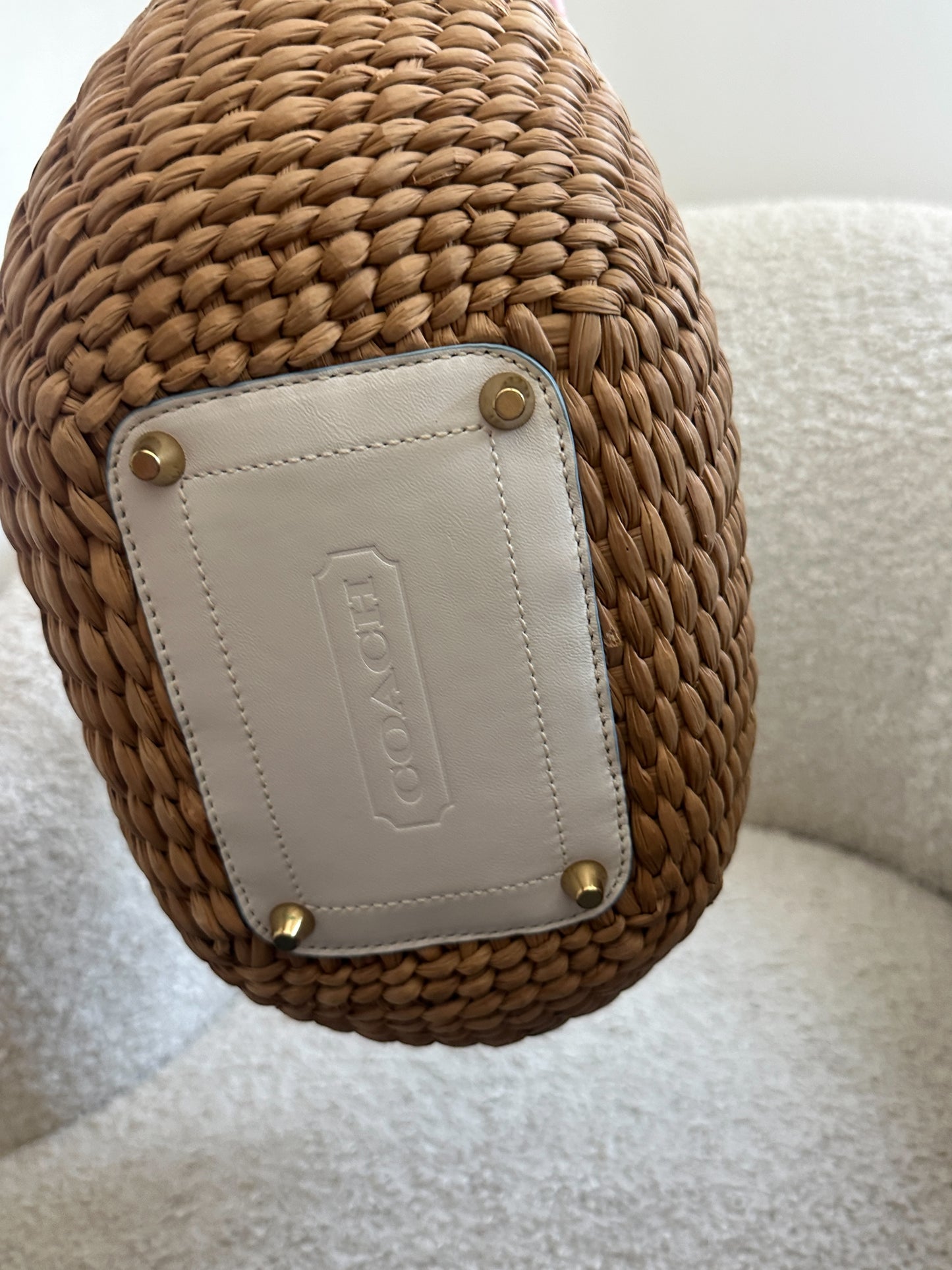 White Coach Straw Bucket Bag