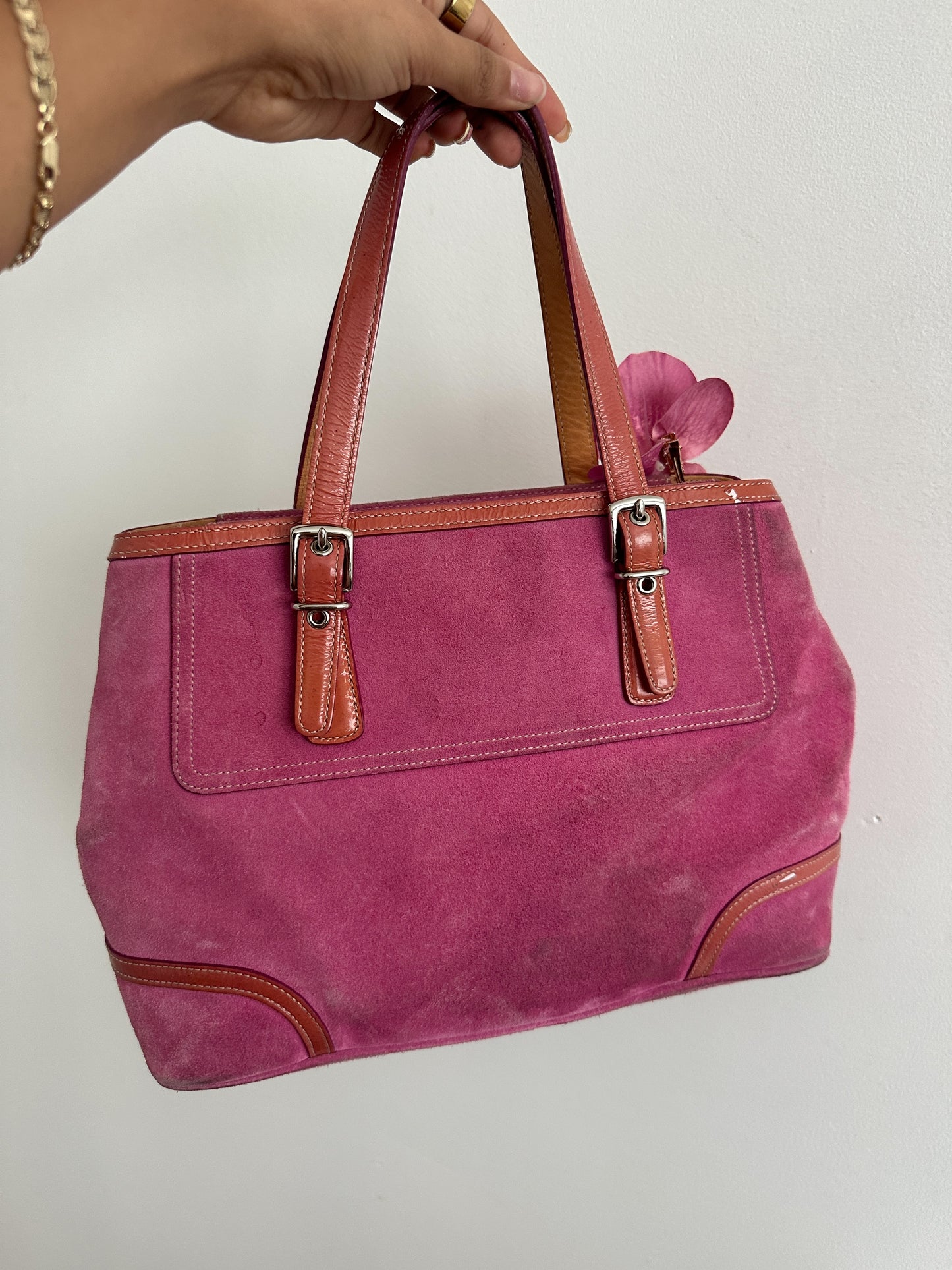 Pink Suede Coach Hamptons Tote Bag
