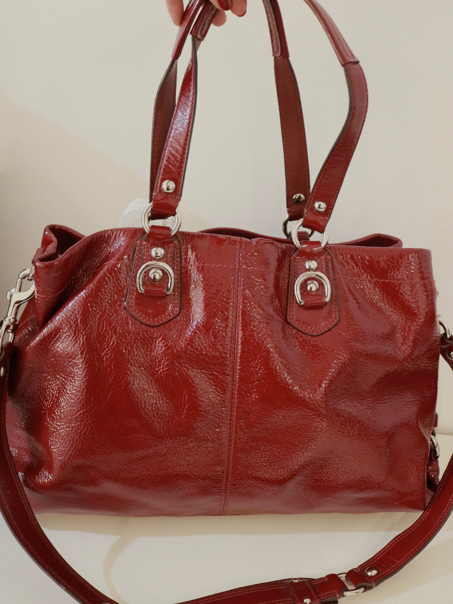 Coach Burgundy Patent Leather Ashley Carry-All Bag