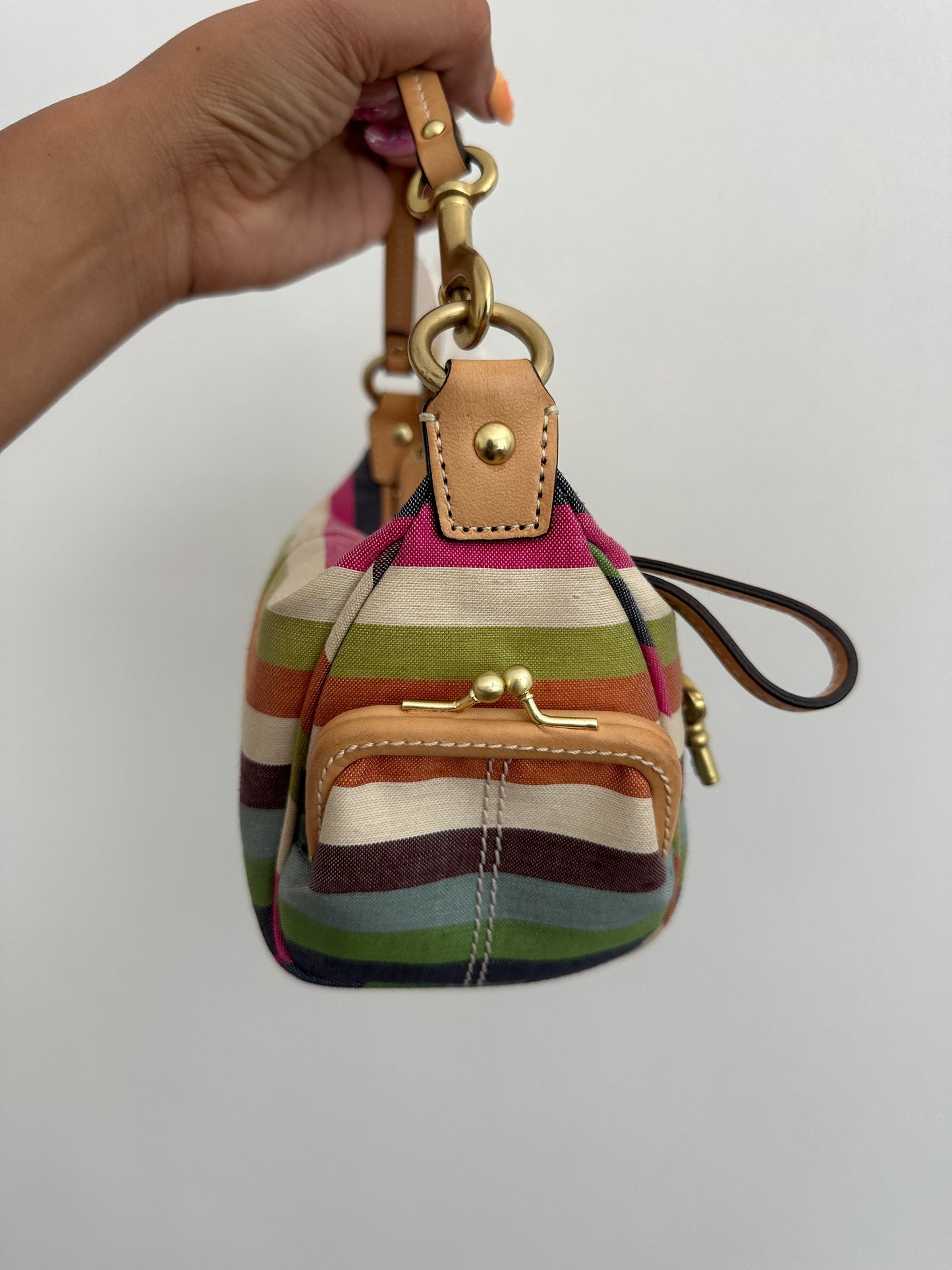 Coach Striped Kisslock Top Handle Bag