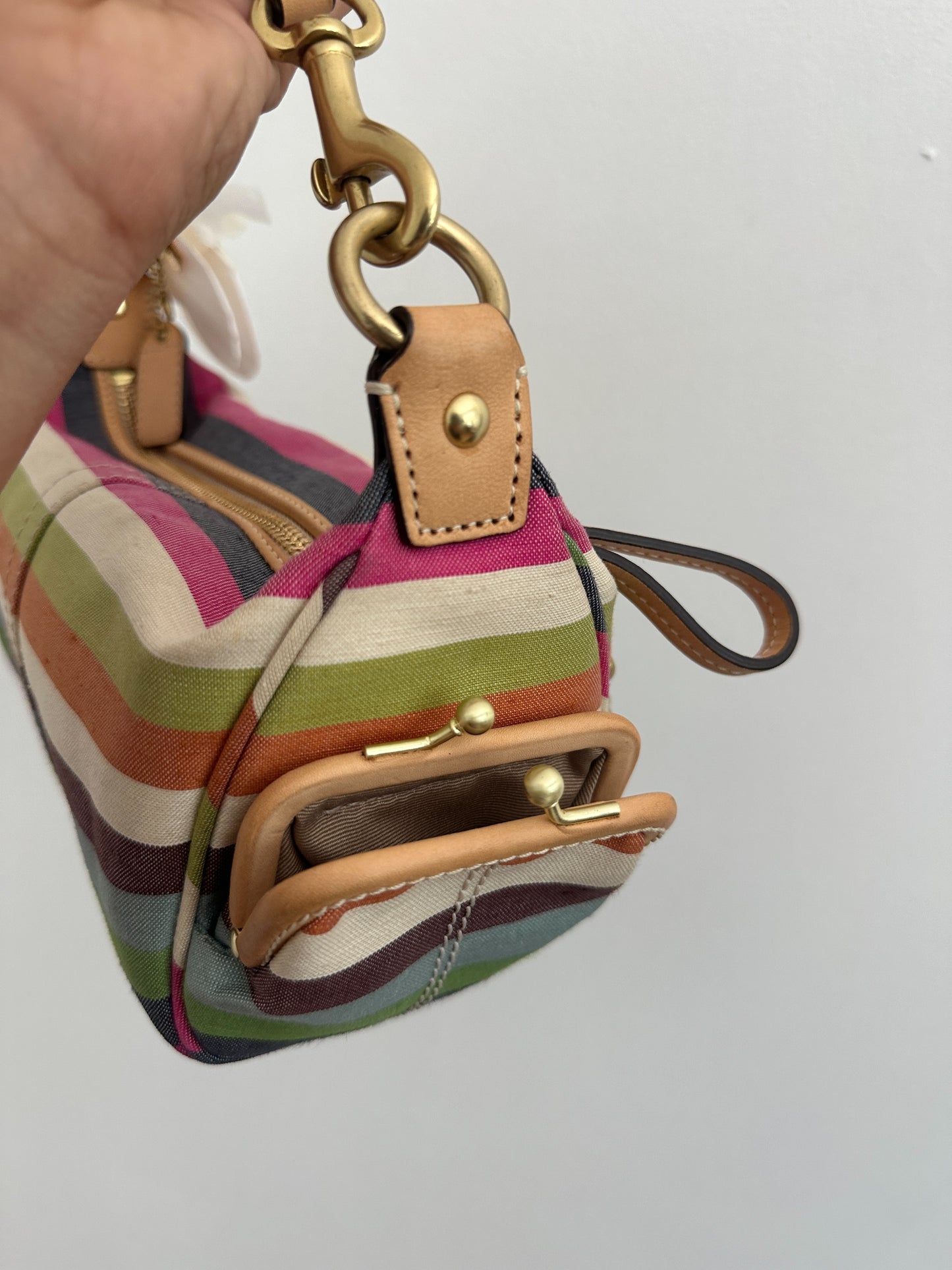Coach Striped Kisslock Top Handle Bag