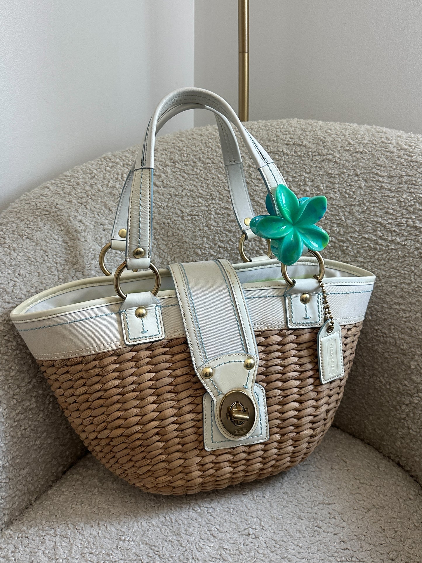 White Coach Straw Bucket Bag