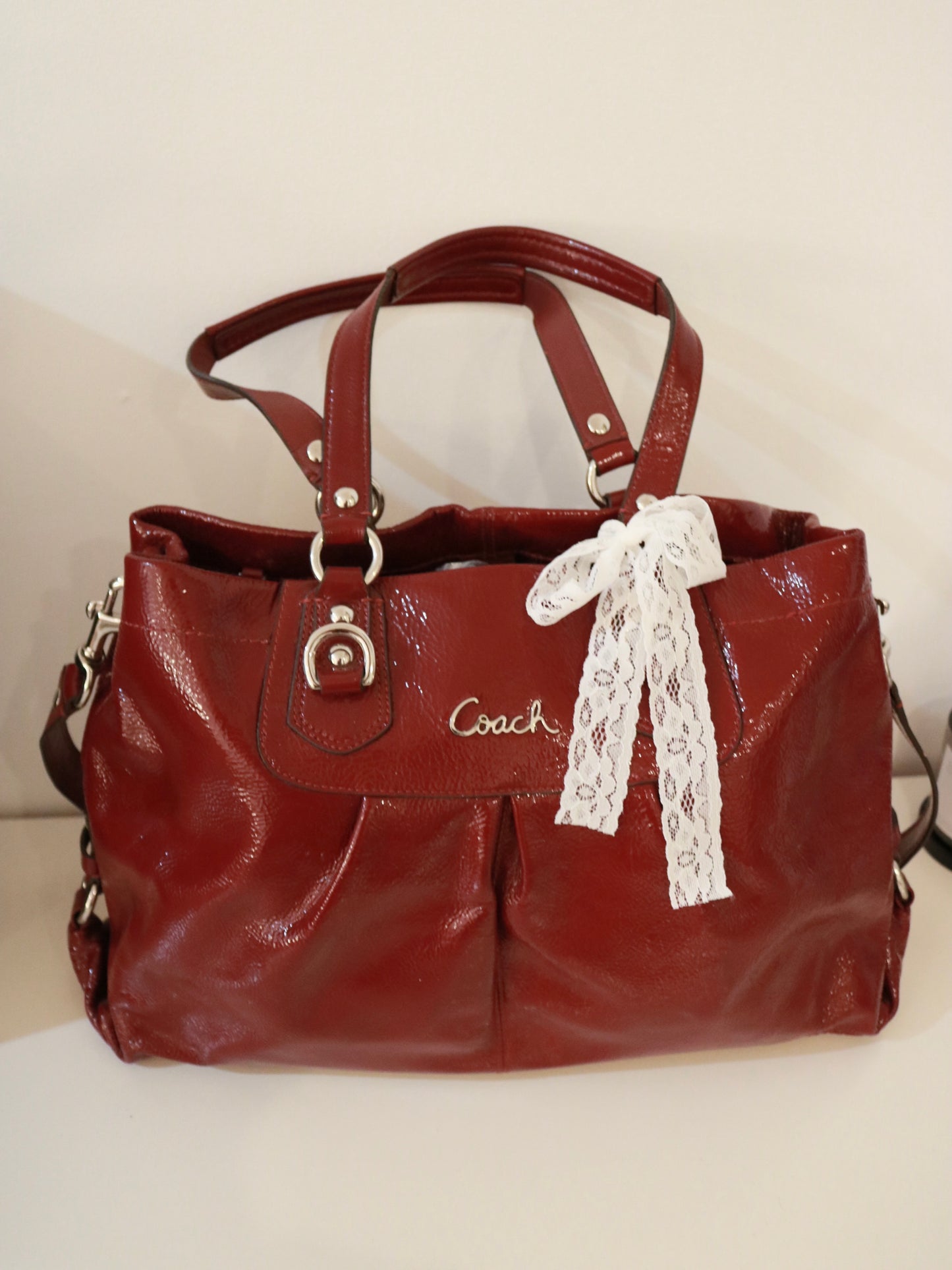 Coach Burgundy Patent Leather Ashley Carry-All Bag