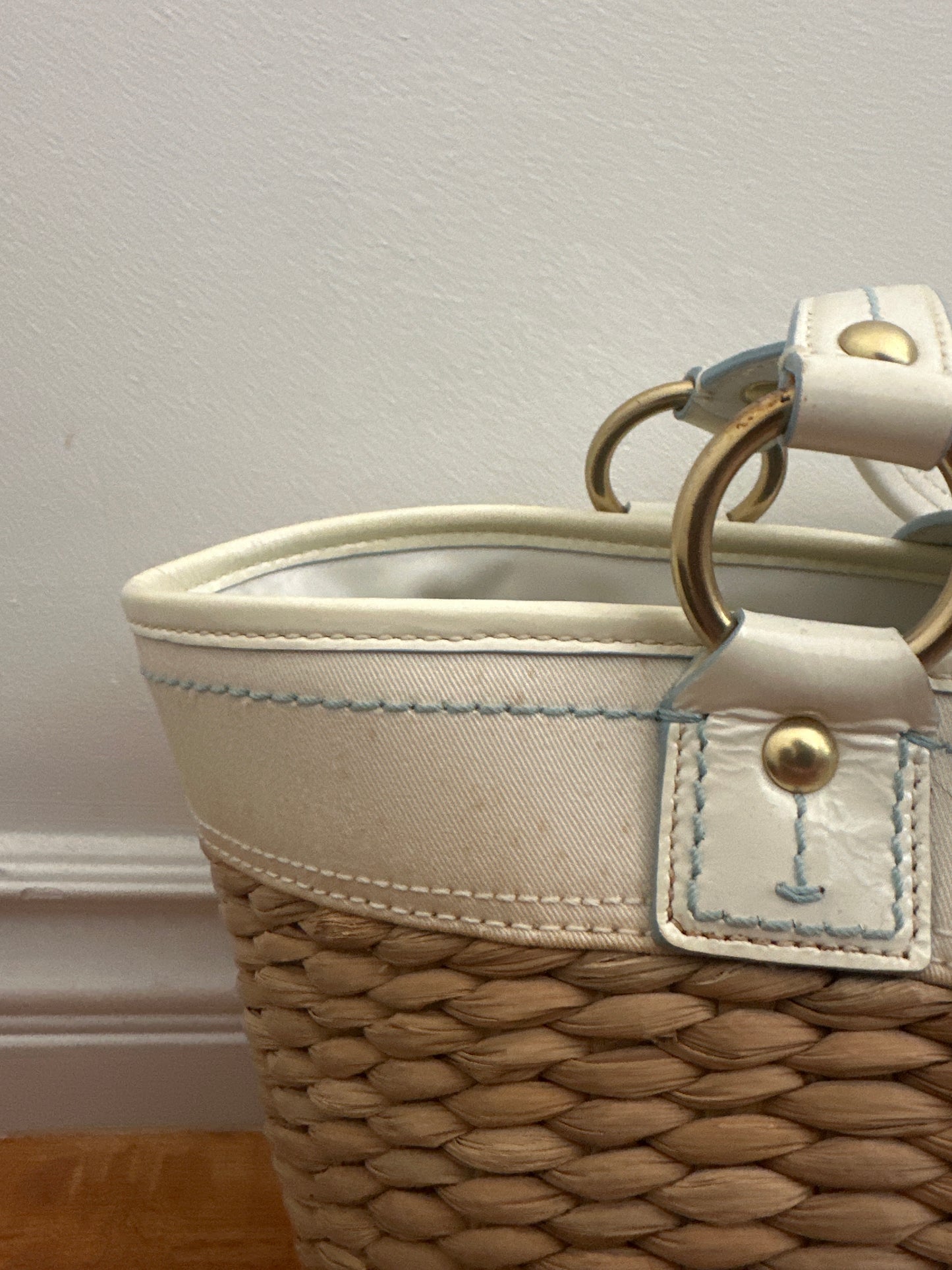 White Coach Straw Bucket Bag
