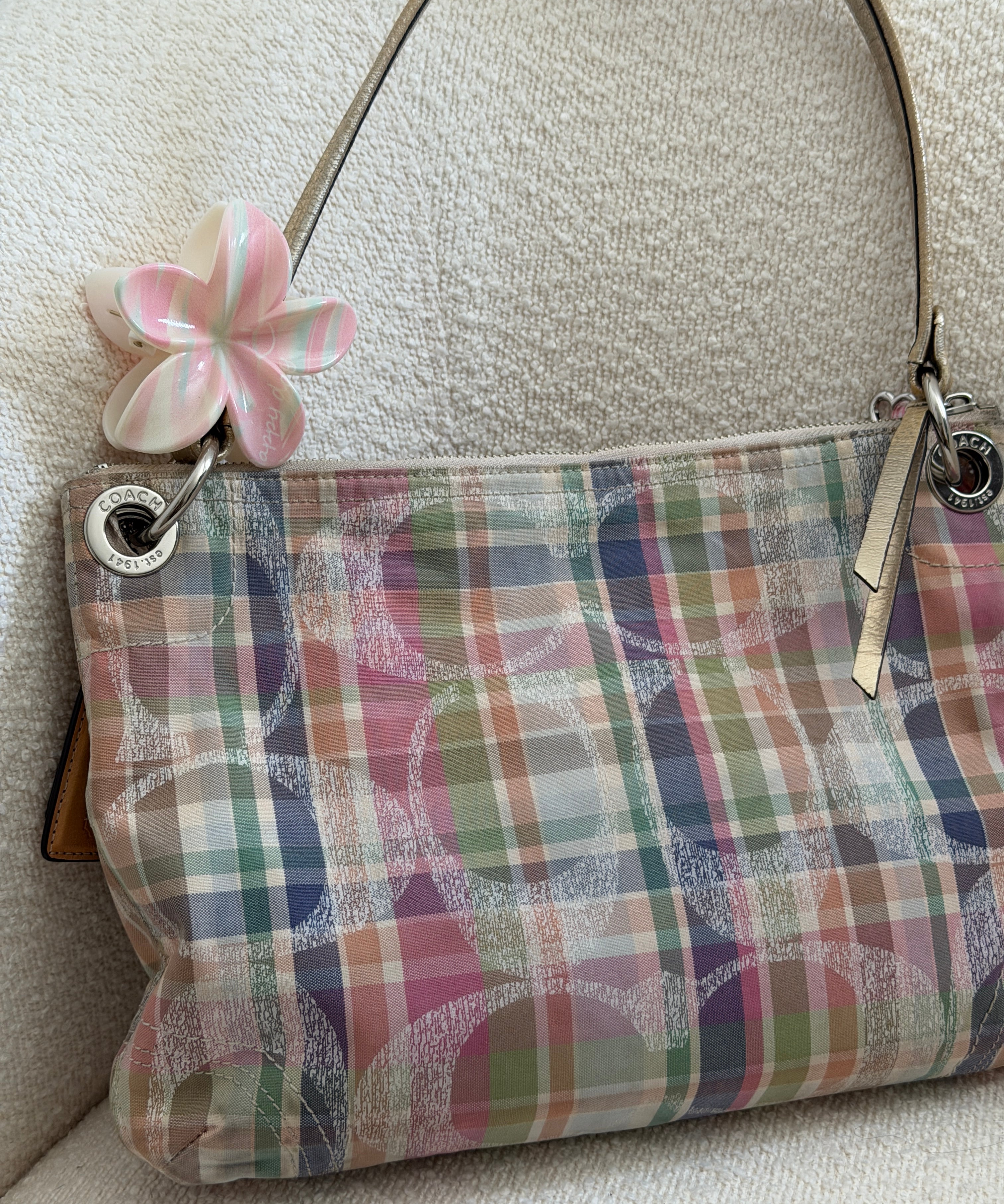 Rare Coach Madras Plaid Poppy Double Pocket Pushlock Bag