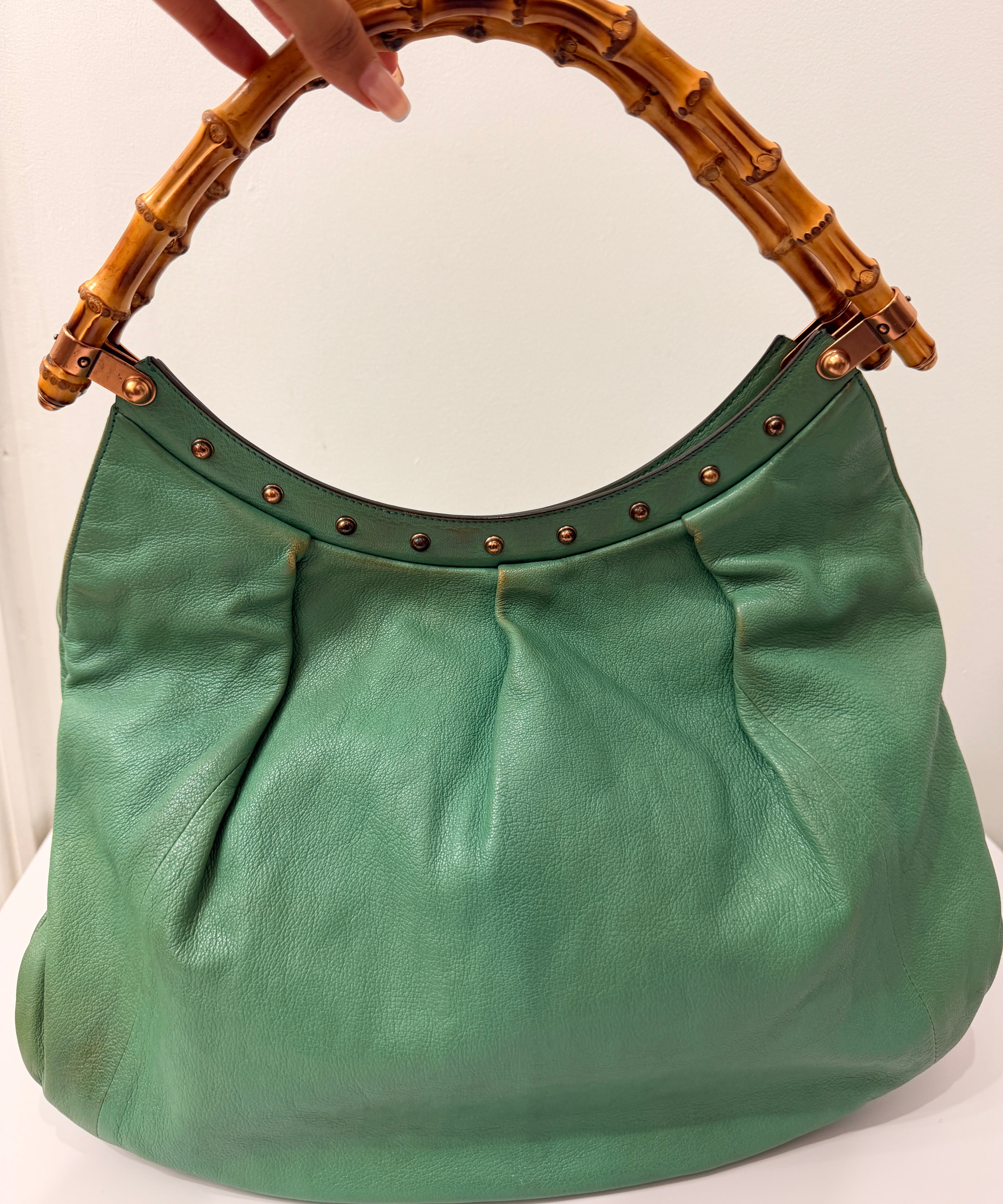 Teal Gucci Leather Bamboo Handle Studded Hobo