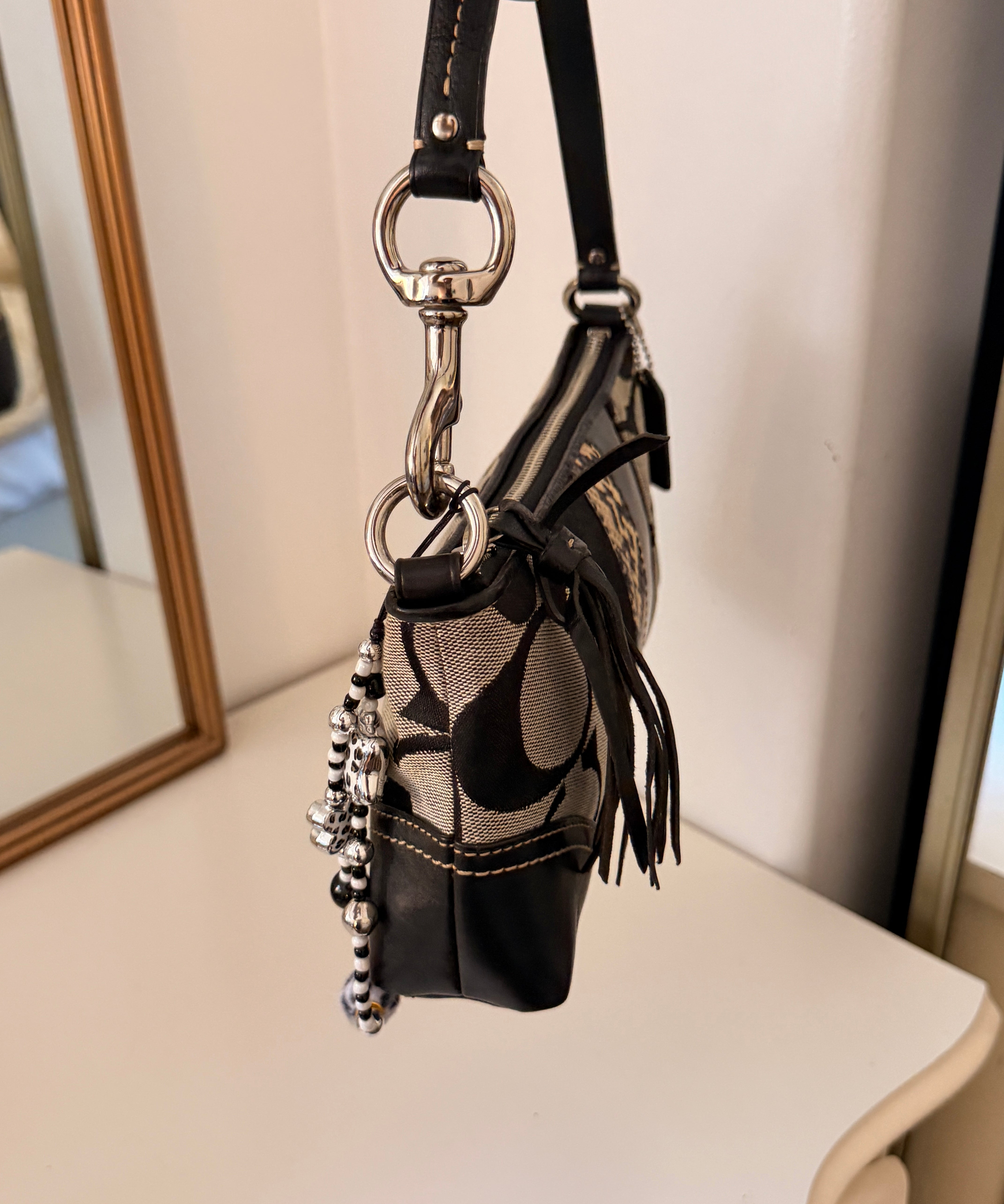 Rare Coach Black Signature East West Baguette with Snakeskin Stripe