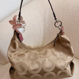 Beige Op Art Madison Signature Shoulder Bag with Pink Straps