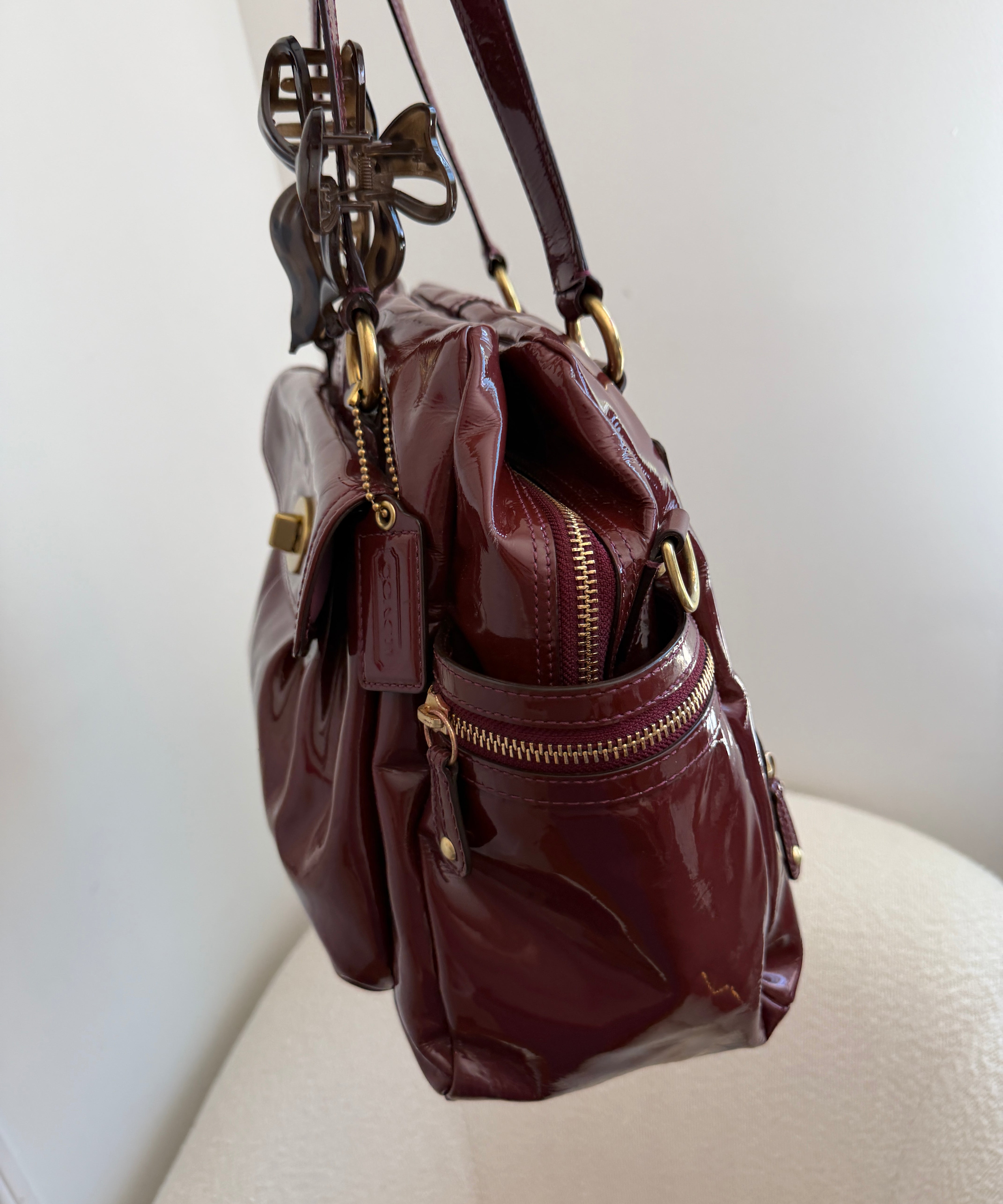 Coach Burgundy Peyton Patent Leather Turnlock Legacy Bag