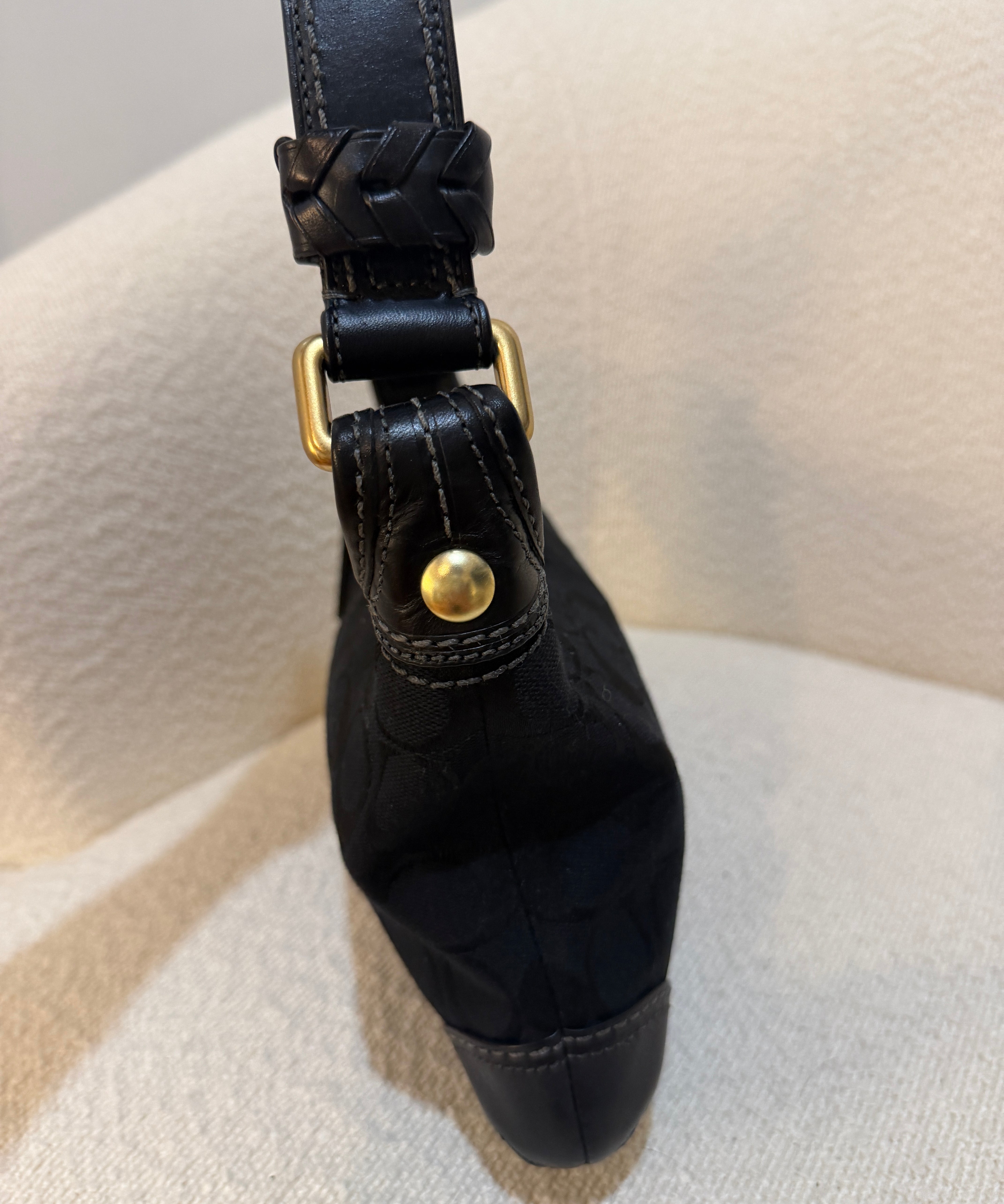 Coach Black Monogram Shoulder Bag with Brass Hardware