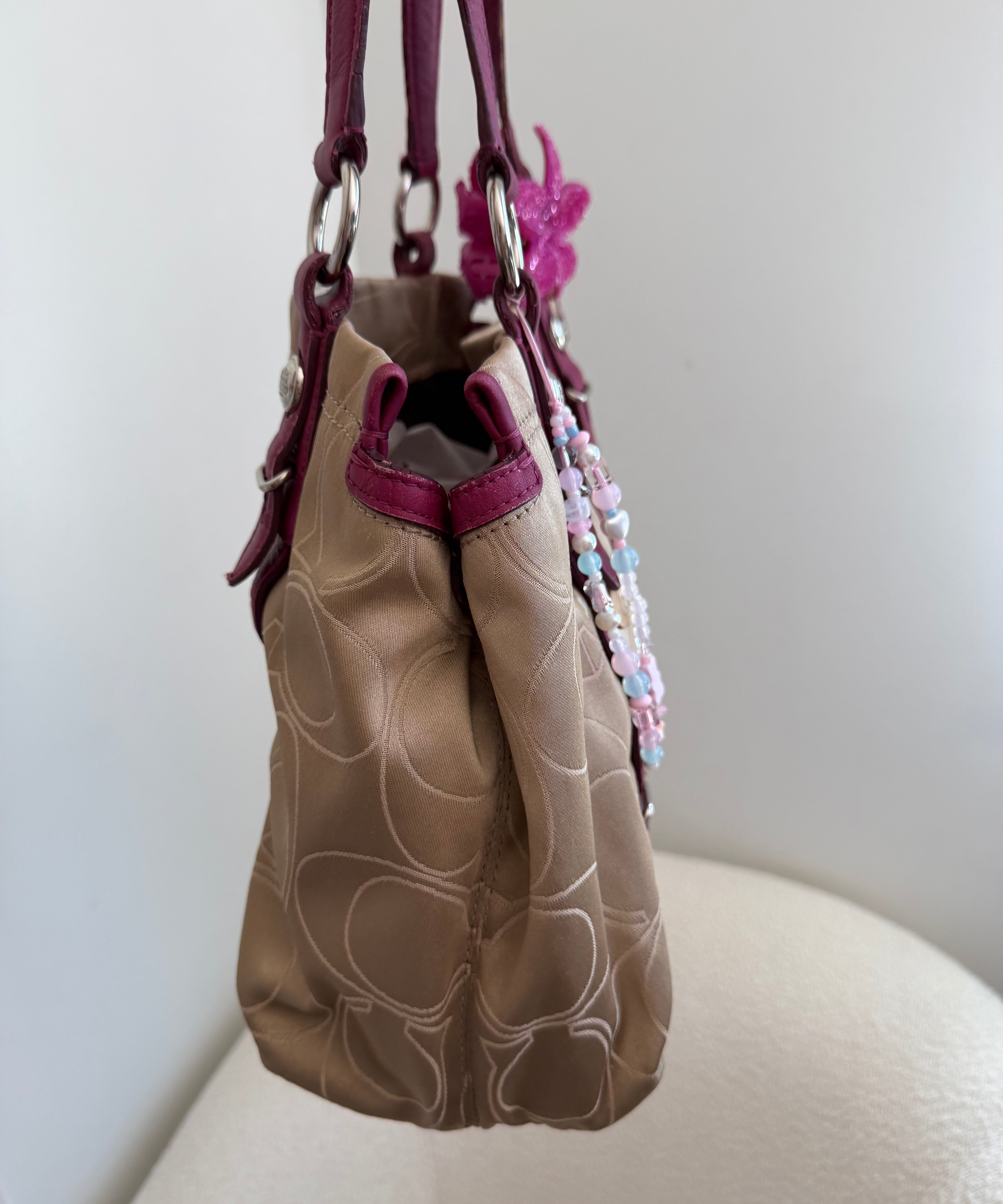 Coach Beige Signature Tote Bag with Pink Trim