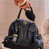 Black Pebbled Leather Prada Bowling Bag