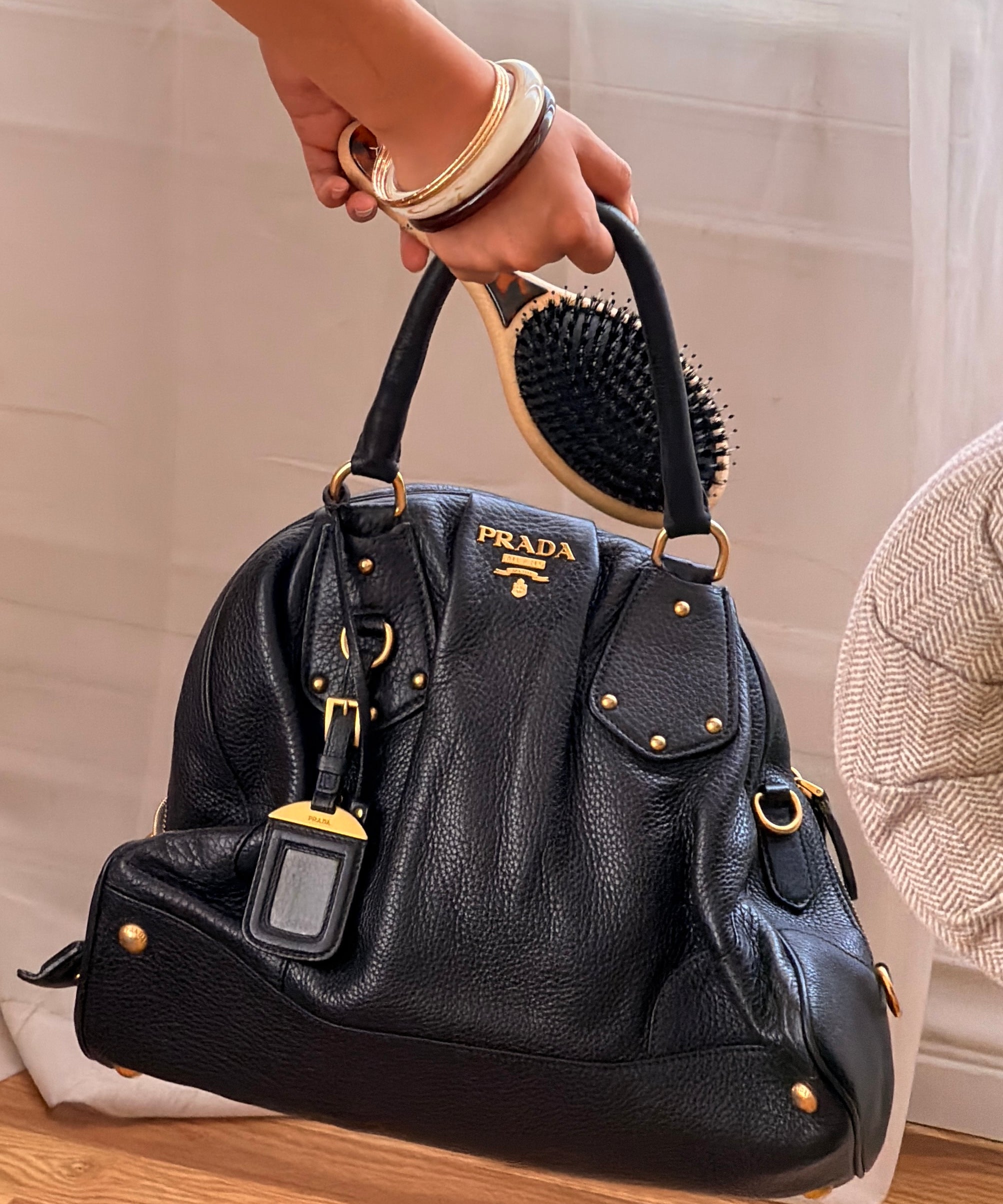 Black Pebbled Leather Prada Bowling Bag