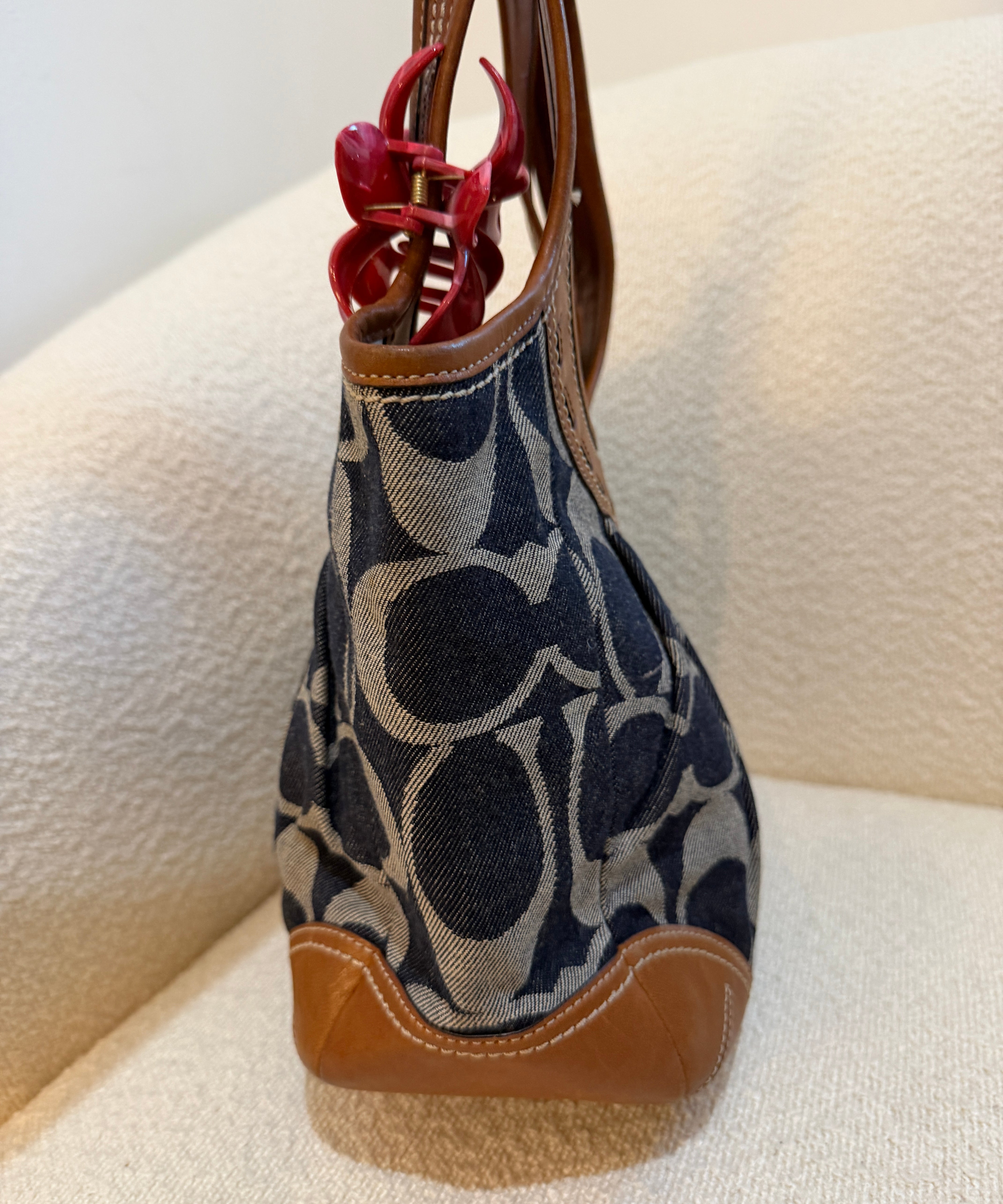 Coach Denim Leather Pleated Hobo Bag