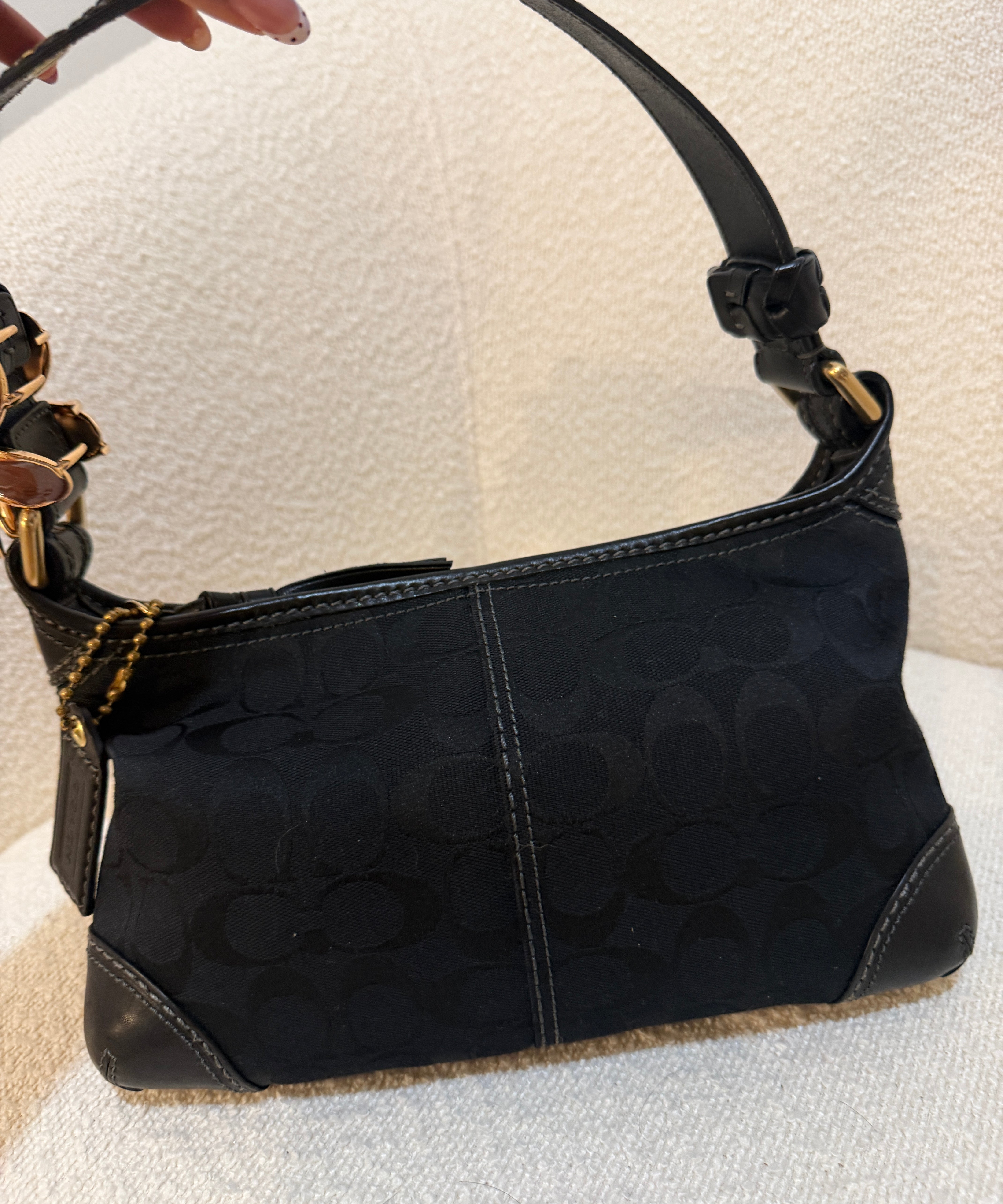 Coach Black Monogram Shoulder Bag with Brass Hardware