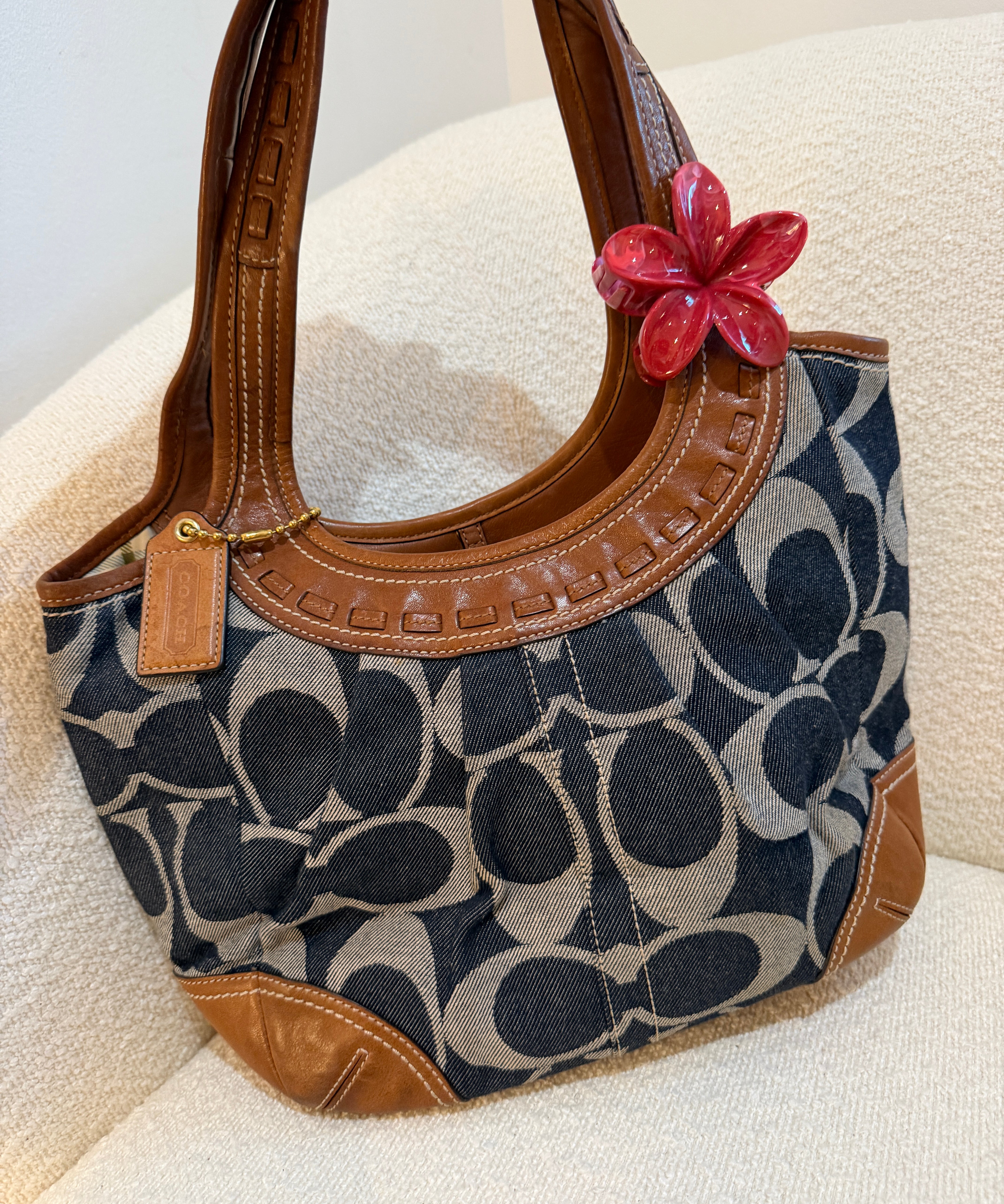 Coach Denim Leather Pleated Hobo Bag