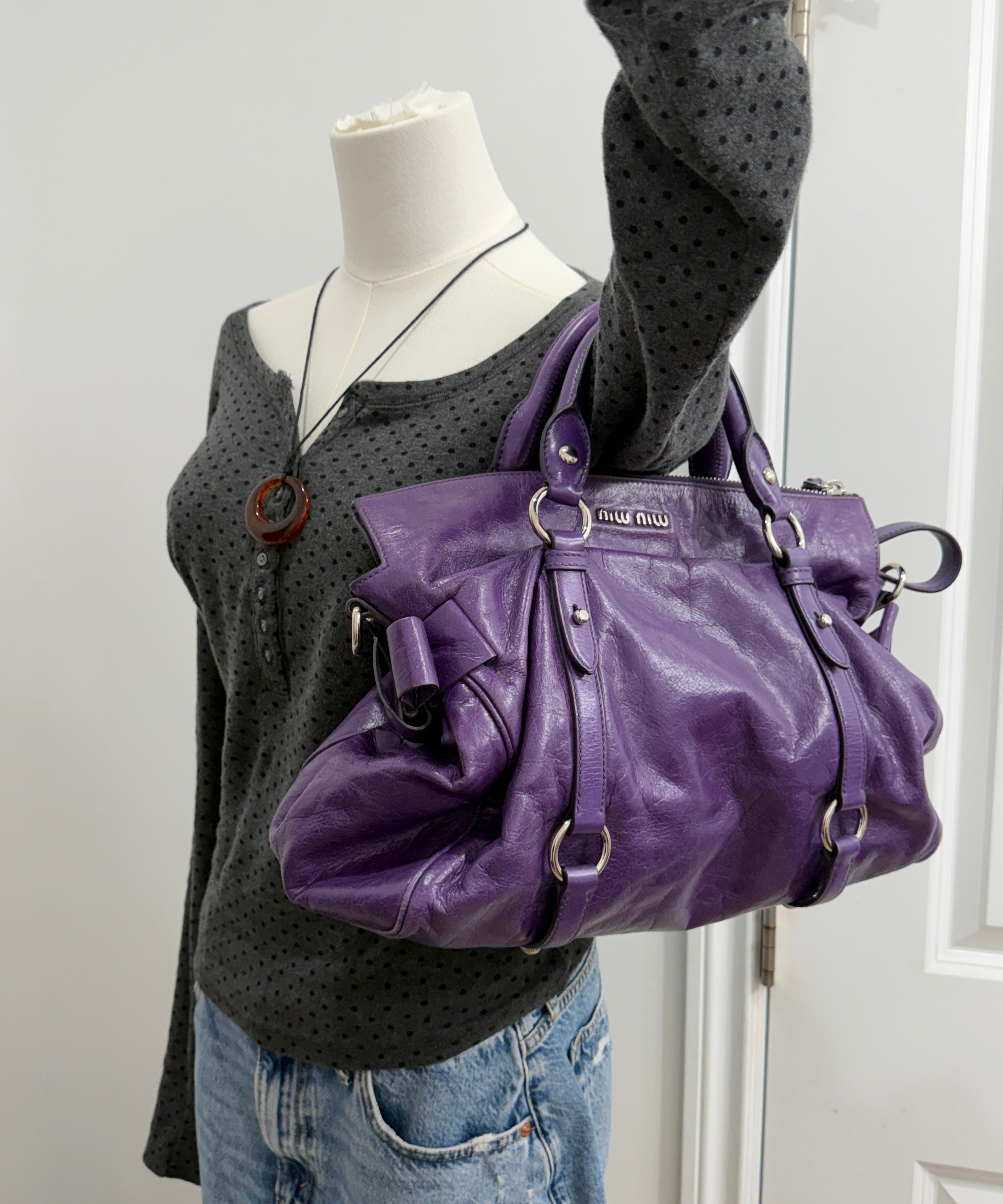 Miu Miu Purple Vitello Lux 2-Way Leather Hand Bag