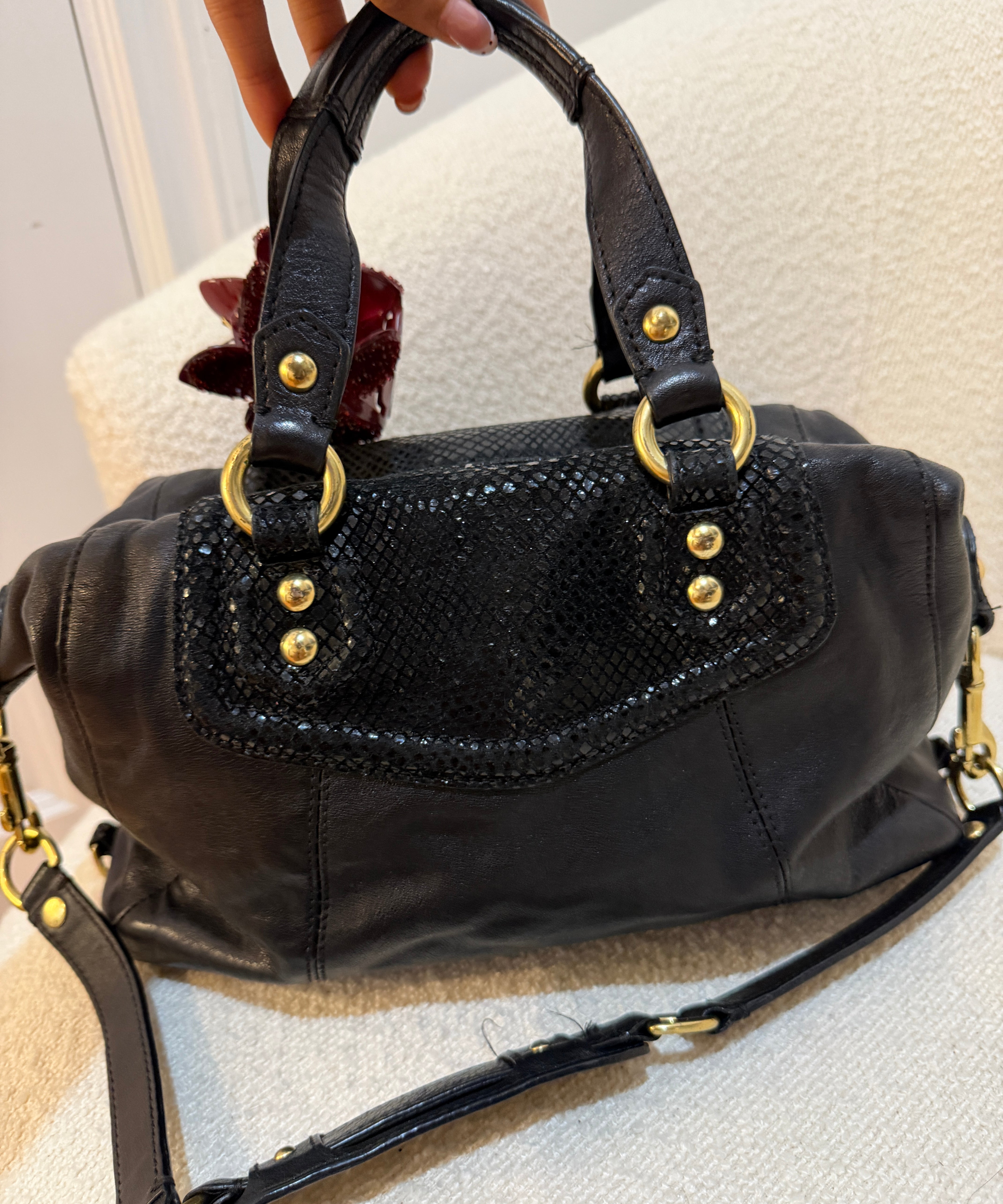 Black Coach Signature Ashley Bag with Snakeskin Trim