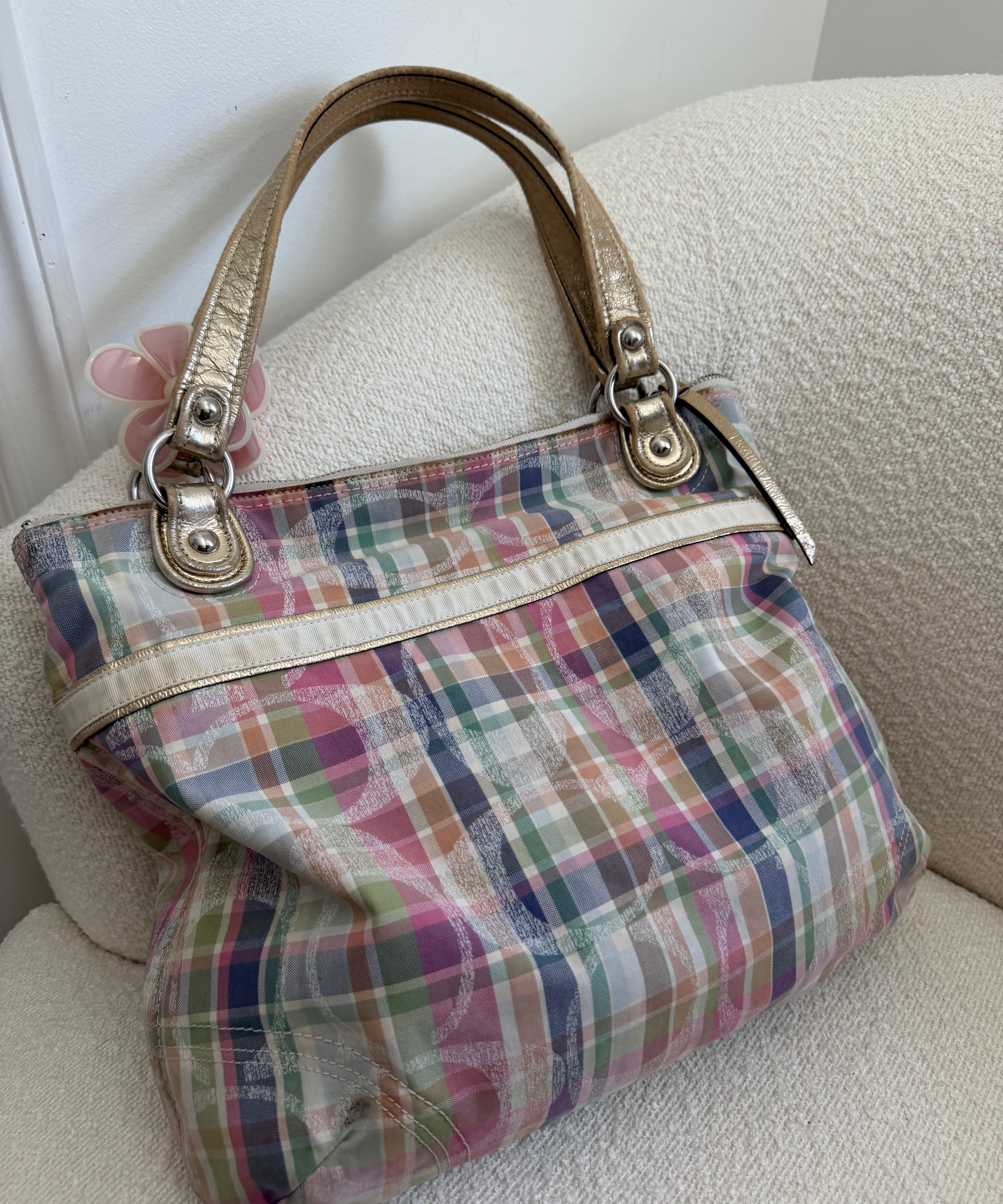 Coach Plaid Madras Poppy Tote Bag
