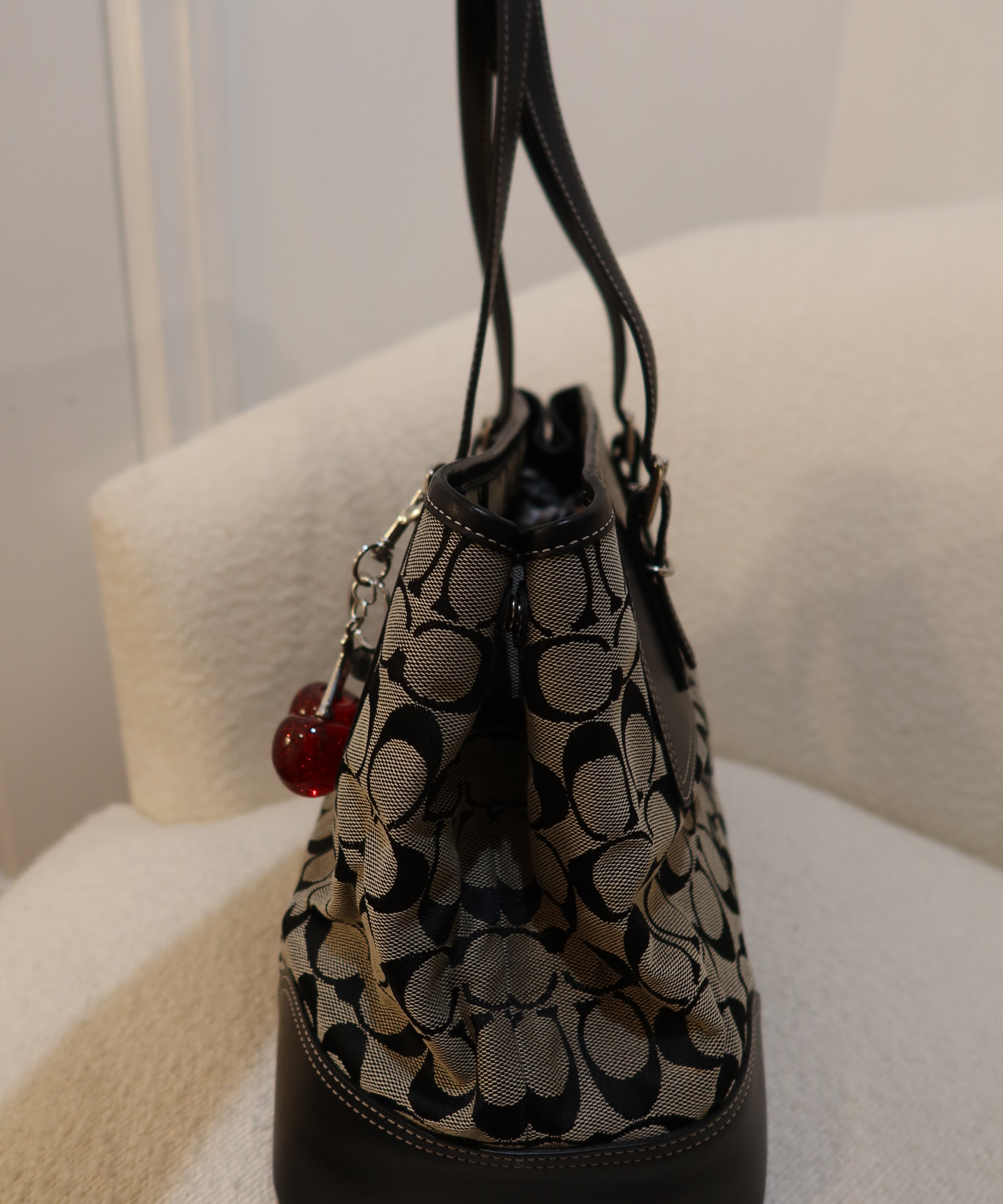 Coach Grey Signature Gallery Tote with Black Leather Trim Bag