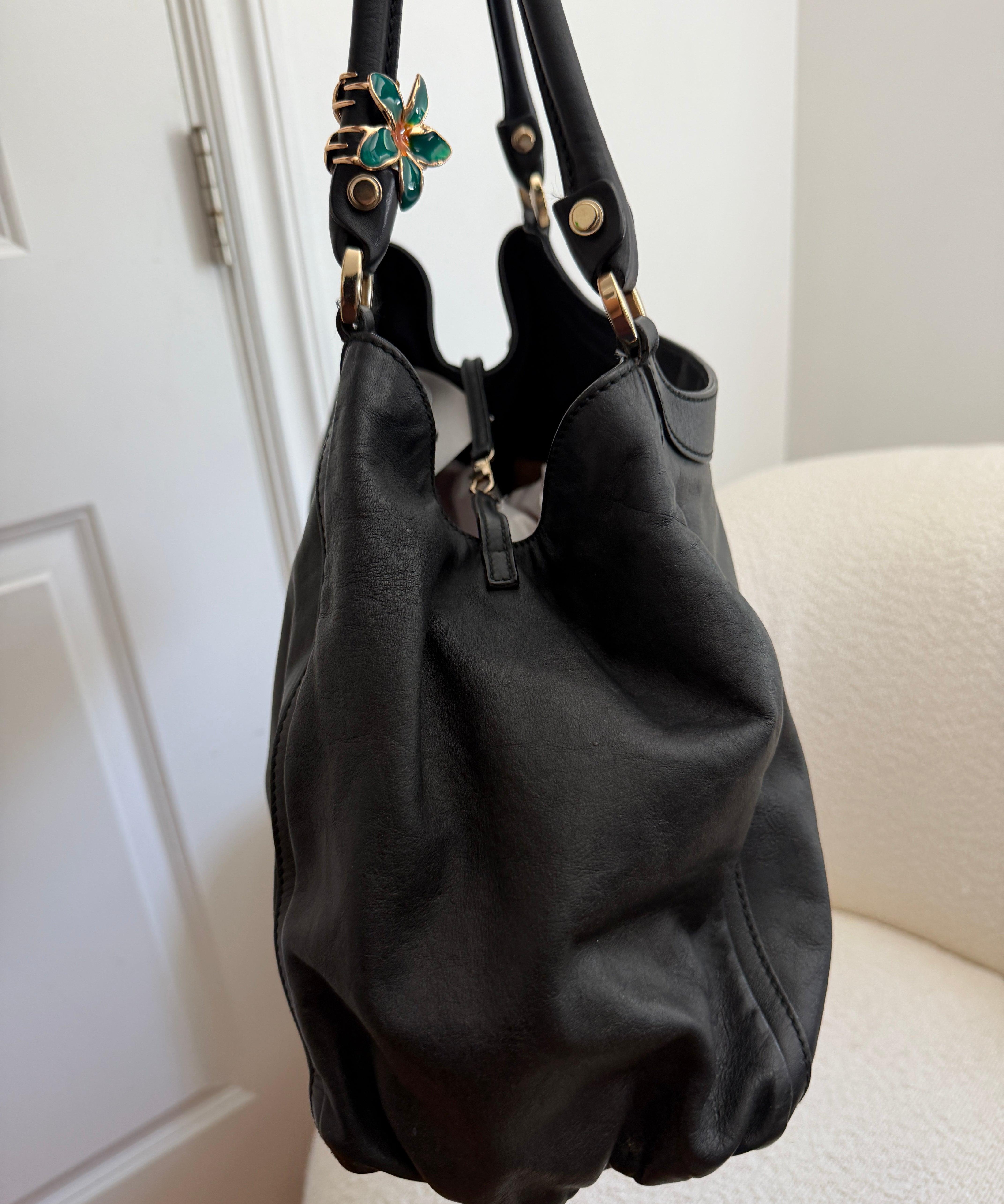 Black Leather Gucci D-Ring Large Shoulder Bag