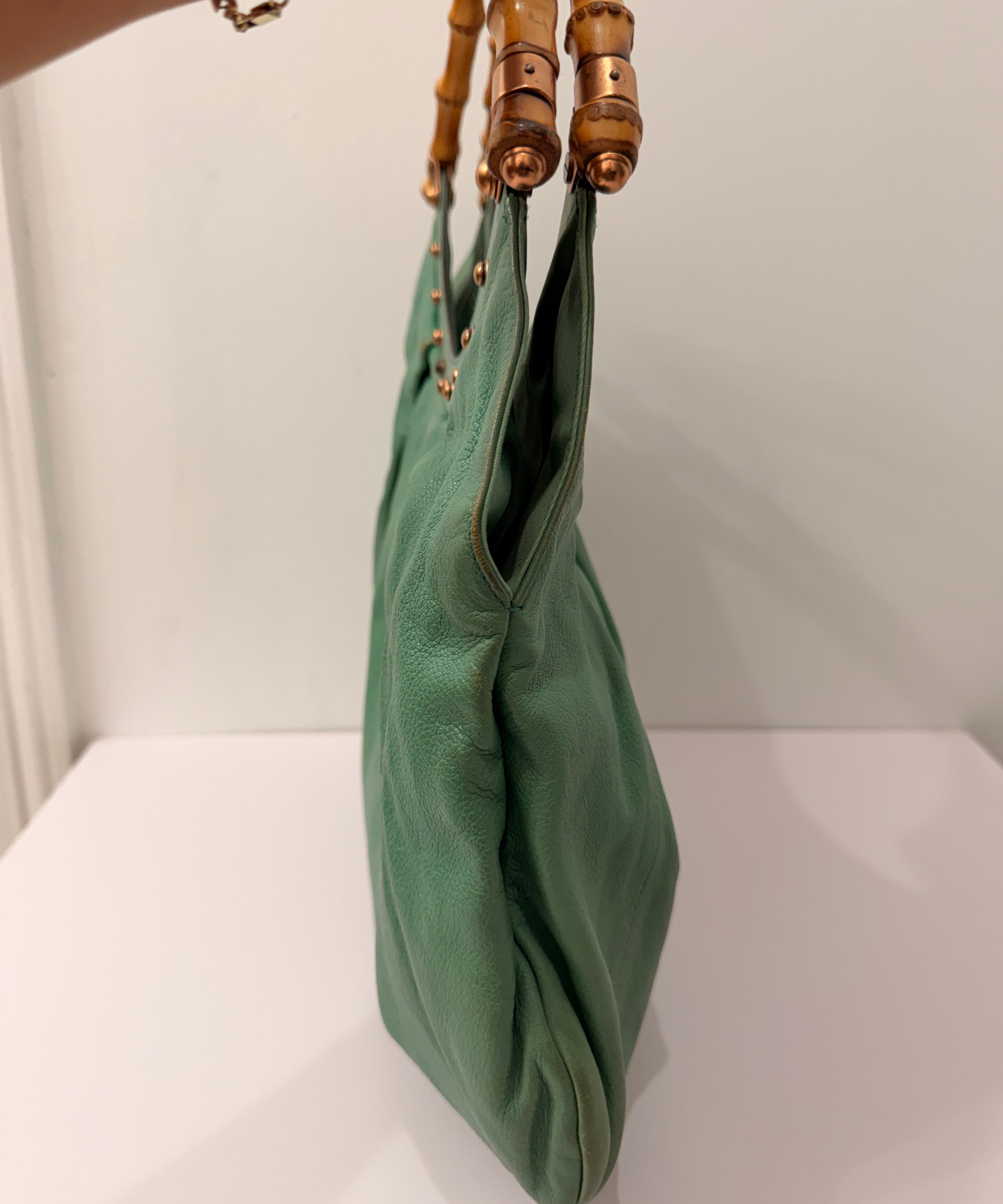 Teal Gucci Leather Bamboo Handle Studded Hobo