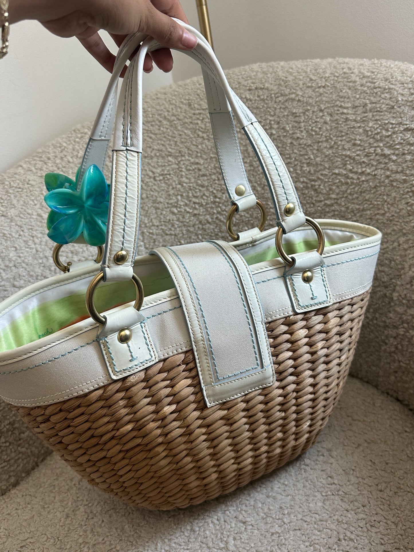 White Coach Straw Bucket Bag