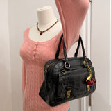 Coach Poppy Black Leather Pushlock Satchel Bag