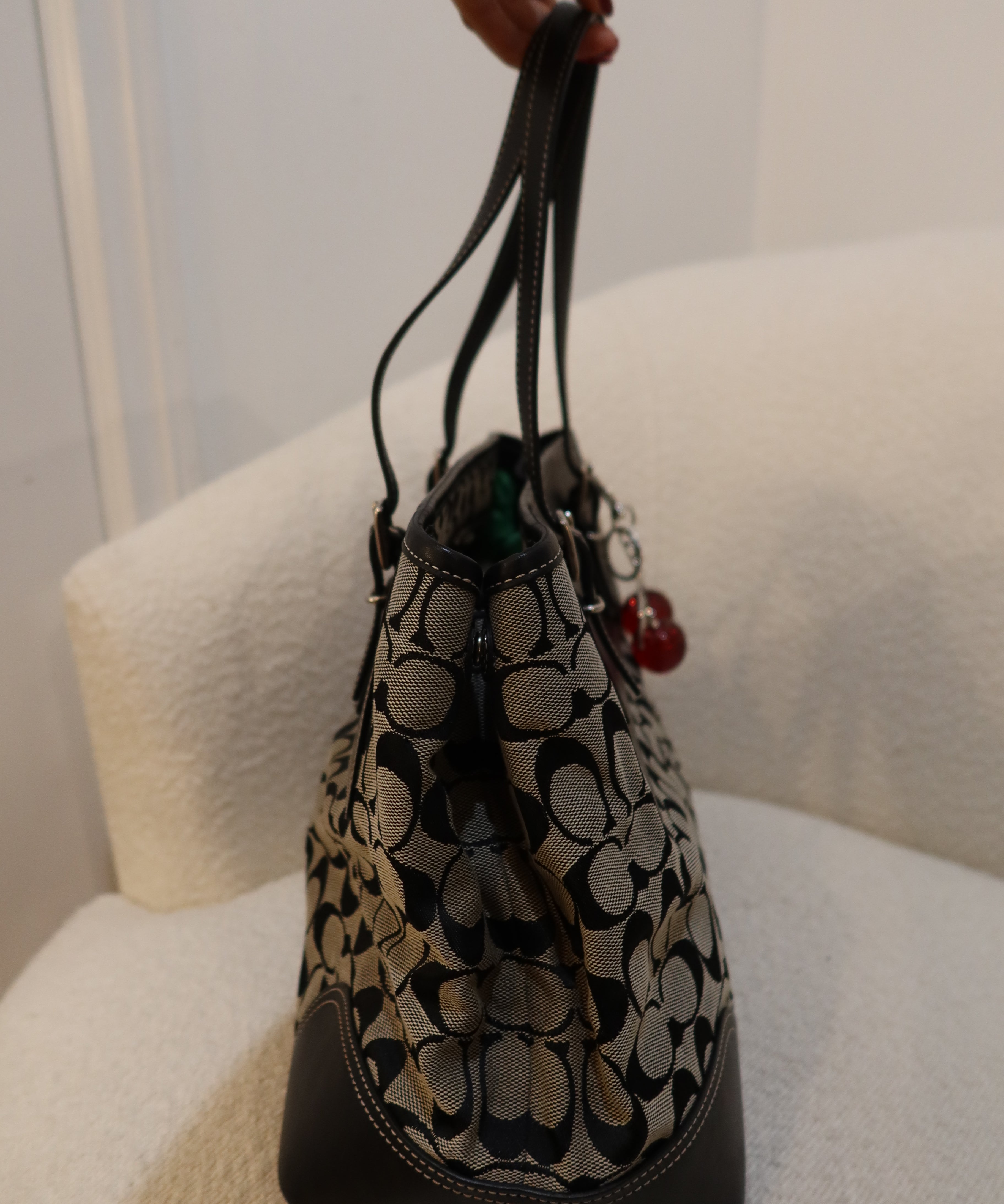 Coach Grey Signature Gallery Tote with Black Leather Trim Bag