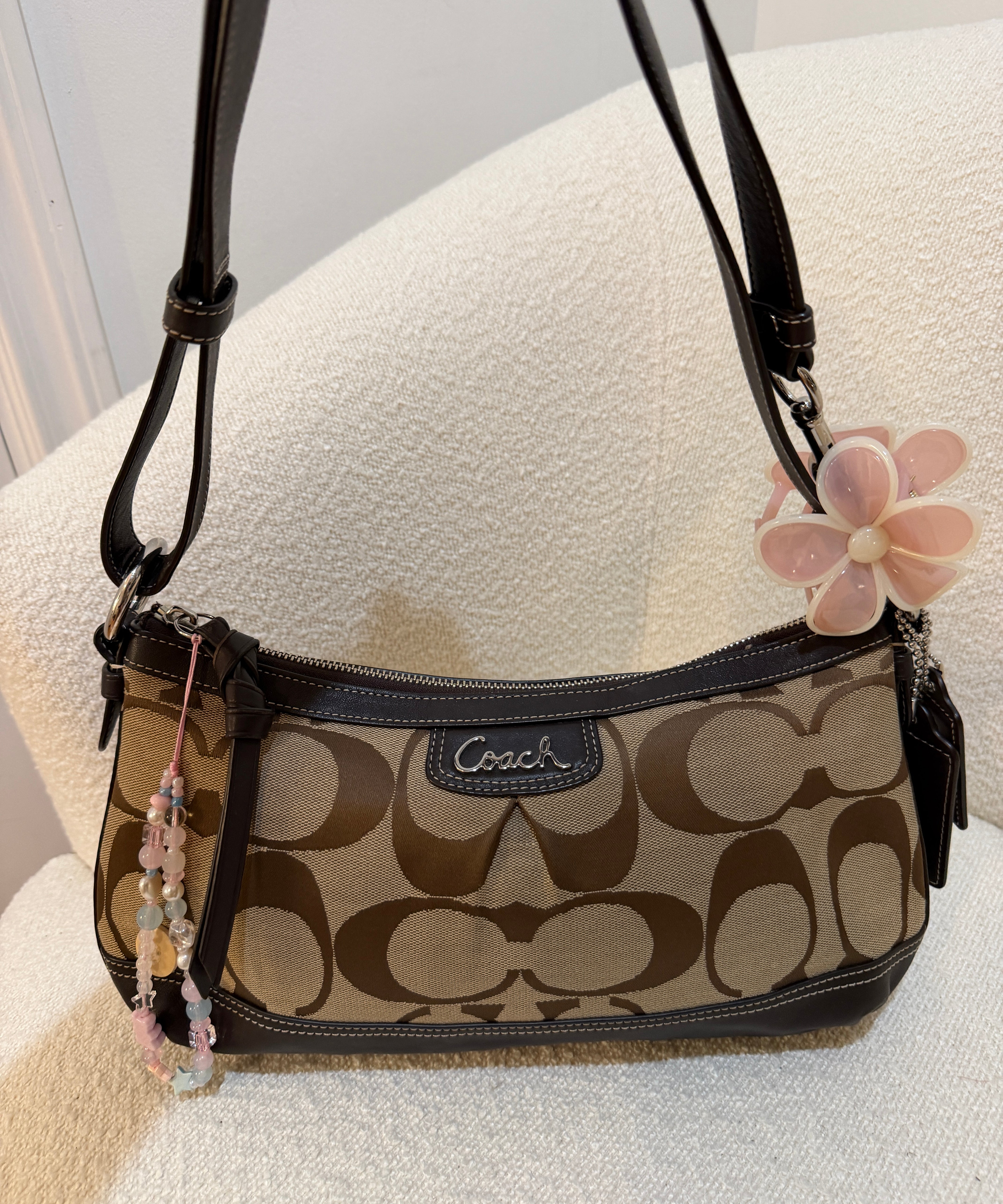 Brown Coach Signature Shoulder Bag with Brown Leather Trim