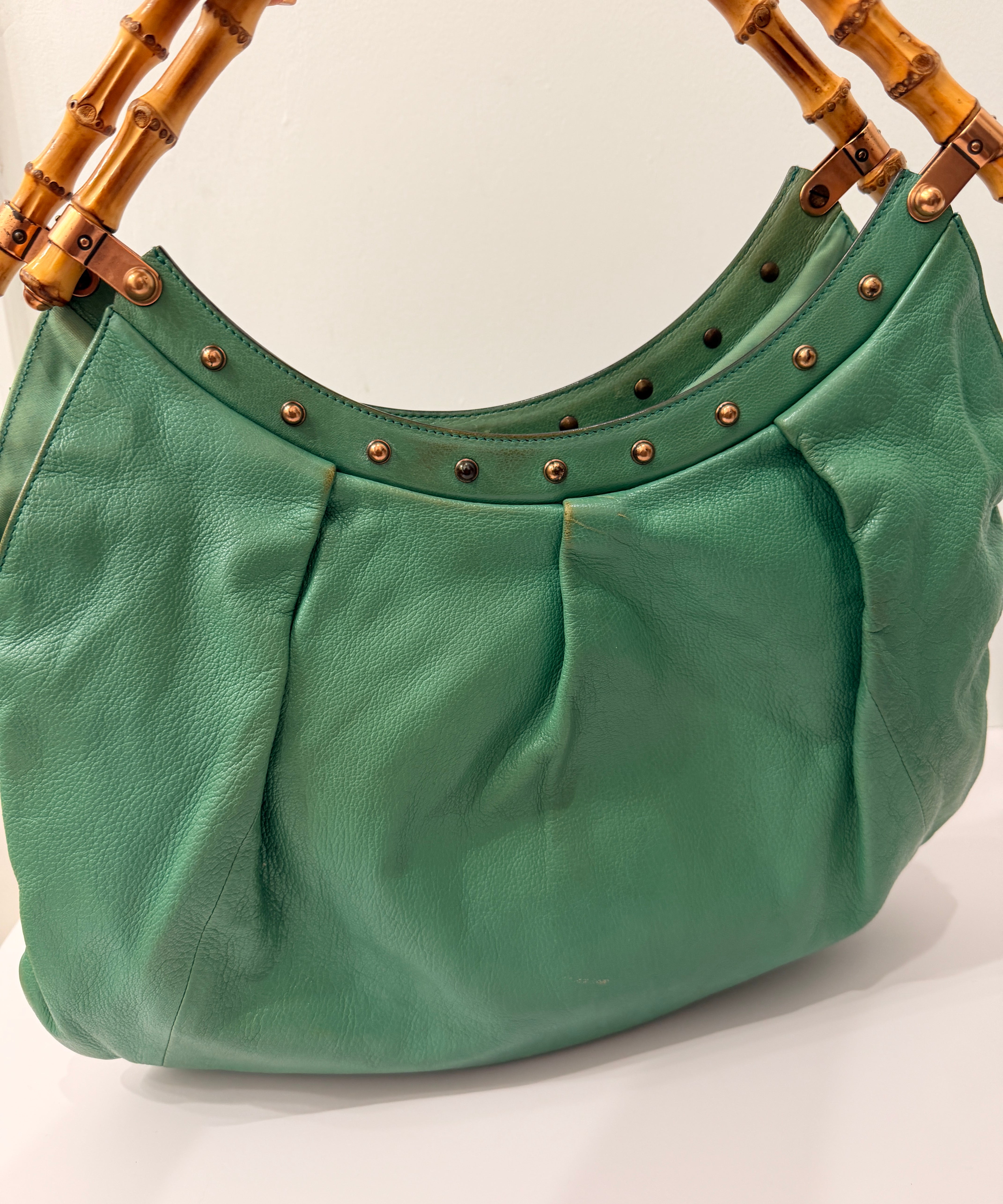 Teal Gucci Leather Bamboo Handle Studded Hobo
