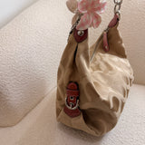 Beige Op Art Madison Signature Shoulder Bag with Pink Straps