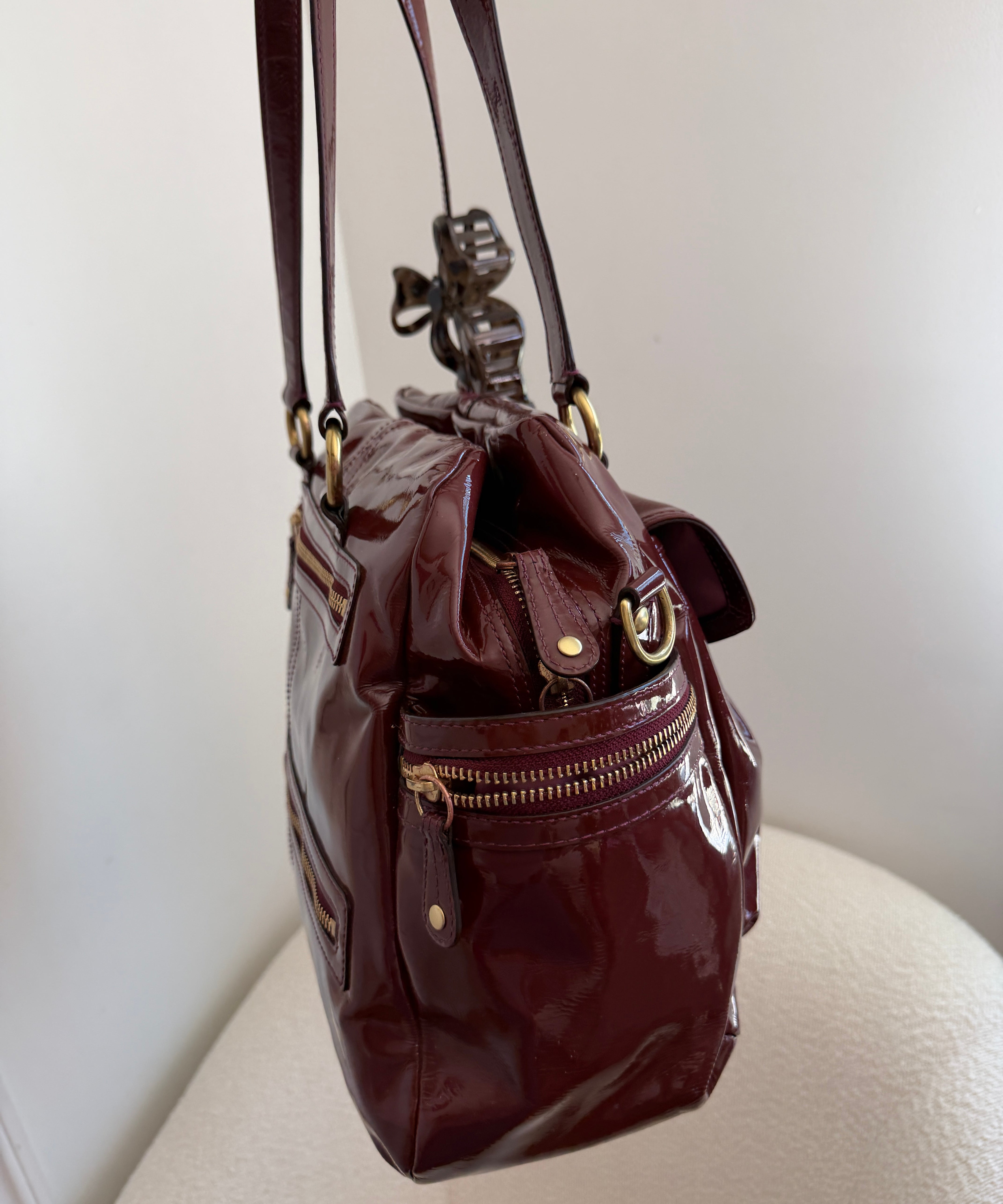 Coach Burgundy Peyton Patent Leather Turnlock Legacy Bag