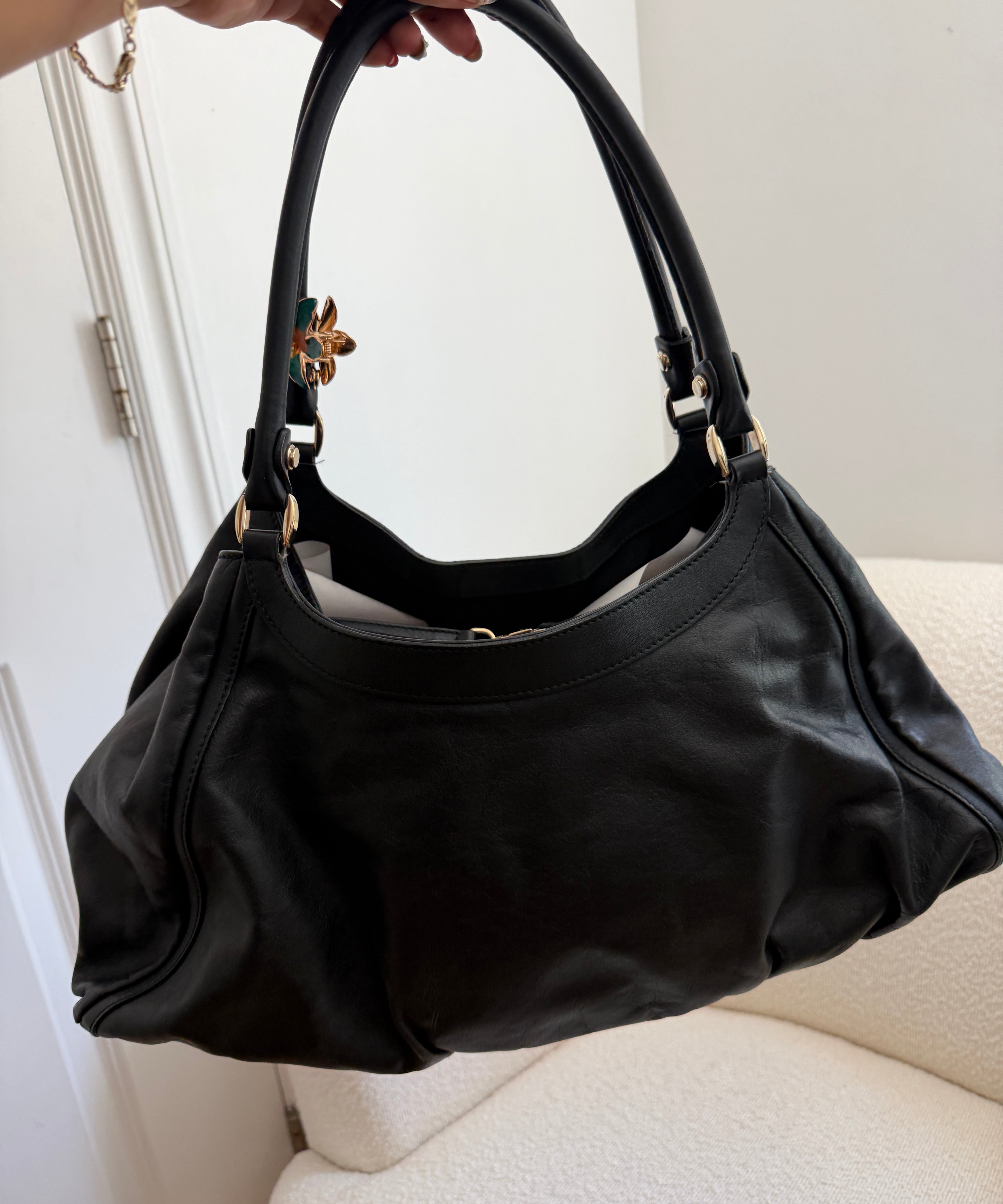 Black Leather Gucci D-Ring Large Shoulder Bag