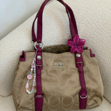 Coach Beige Signature Tote Bag with Pink Trim