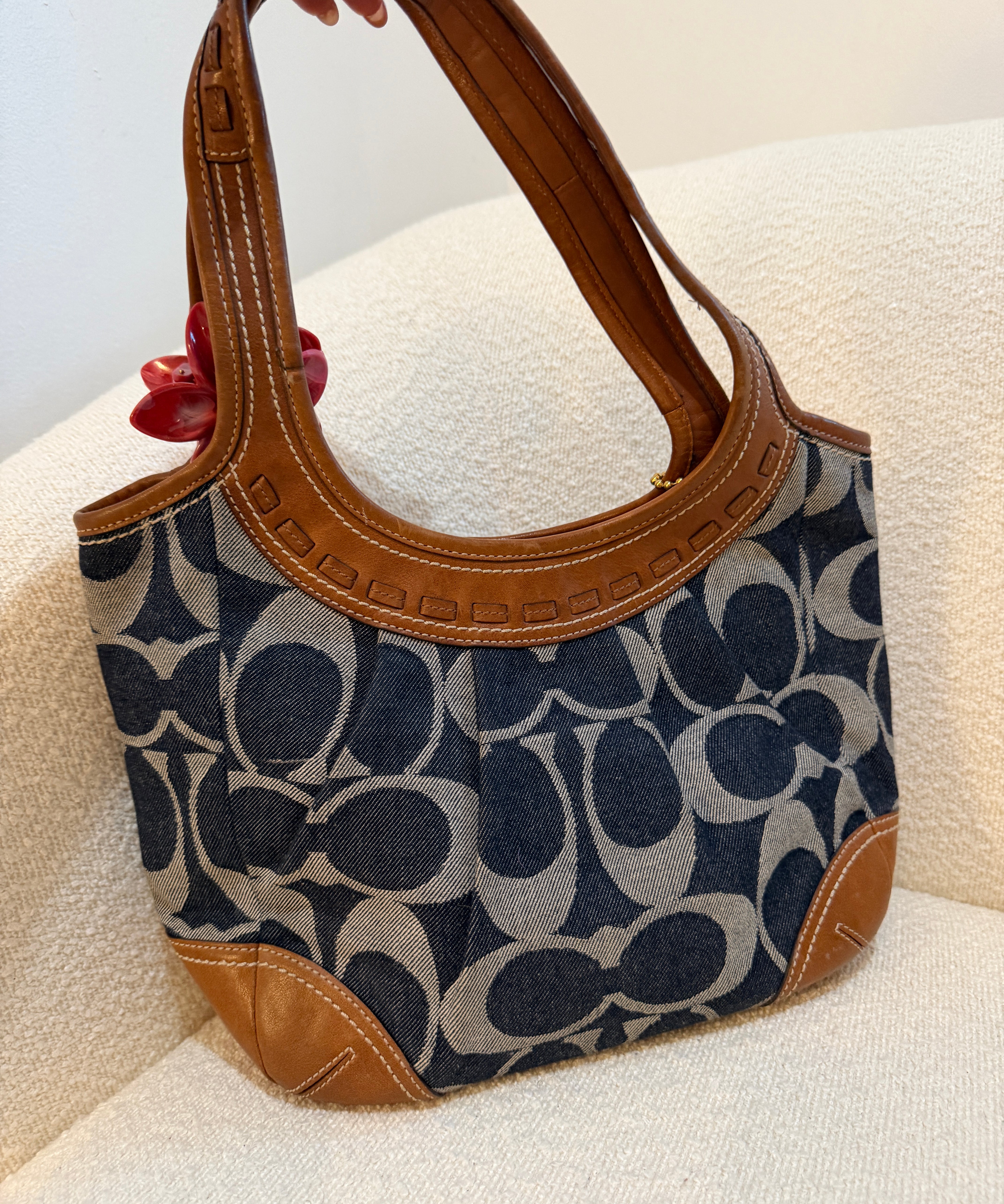 Coach Denim Leather Pleated Hobo Bag