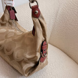 Beige Op Art Madison Signature Shoulder Bag with Pink Straps