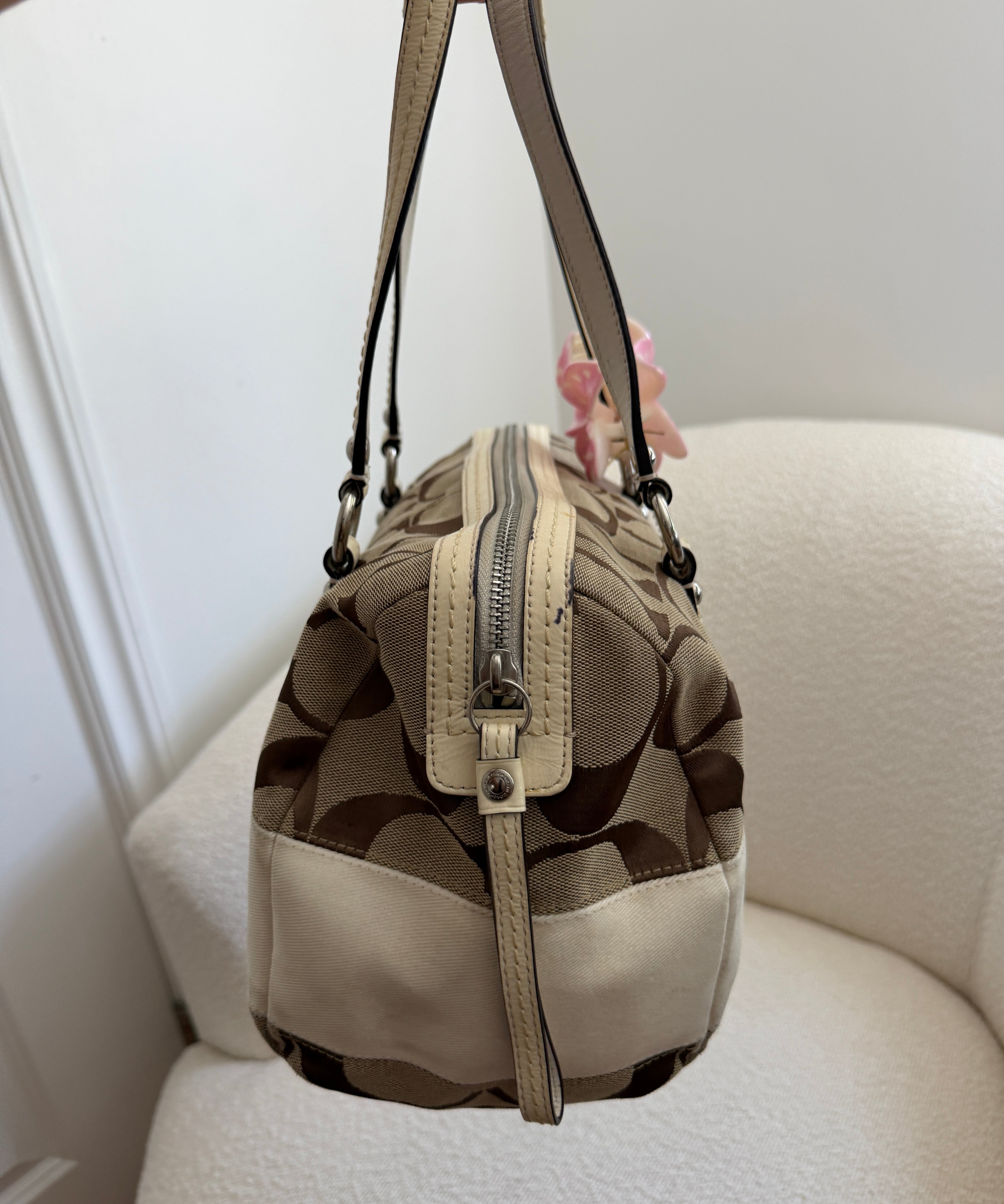 Coach White Stripe Signature Satchel Bag