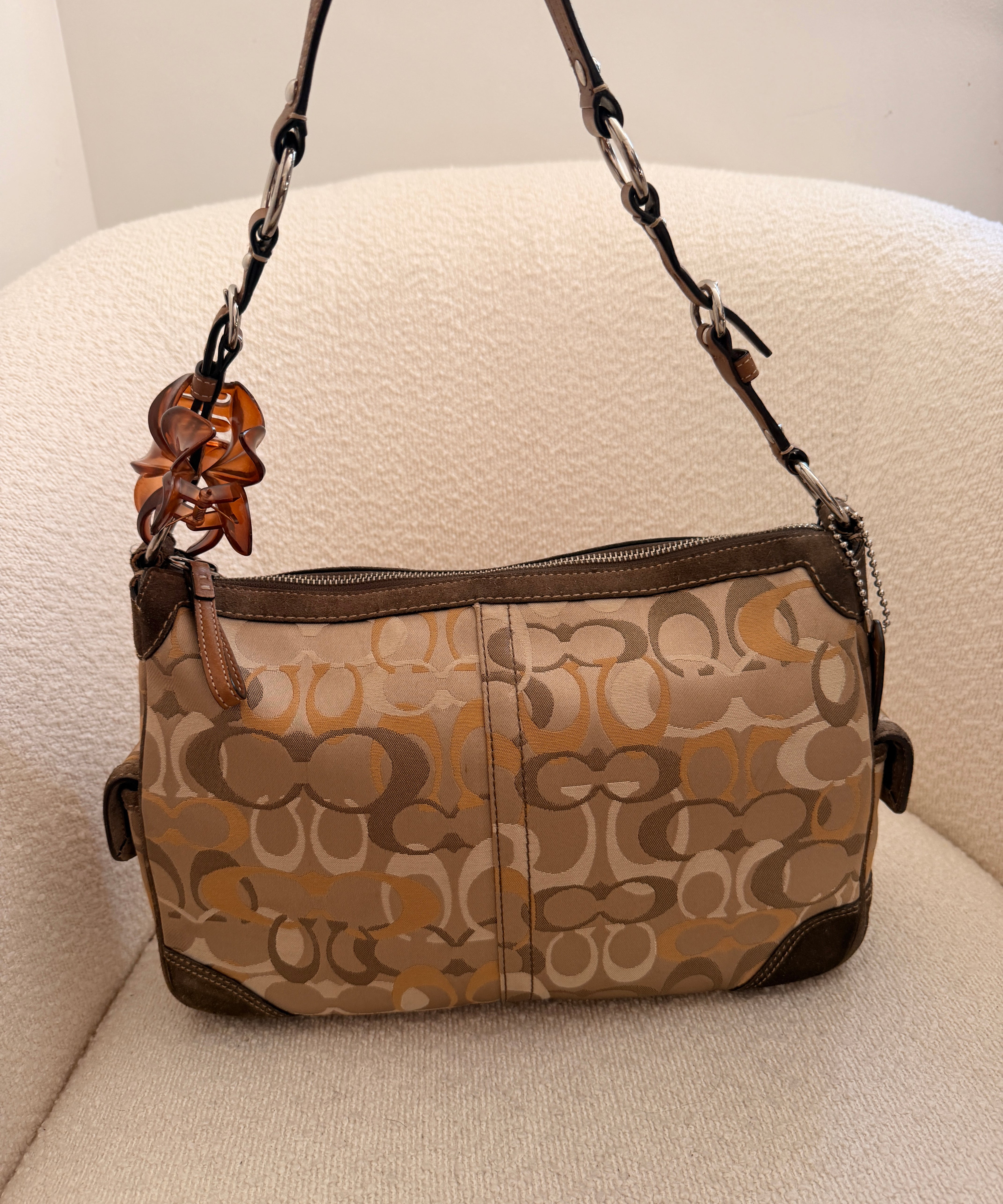 Rare Coach Brown Signature Suede Chelsea Shoulder Bag with Side Pockets