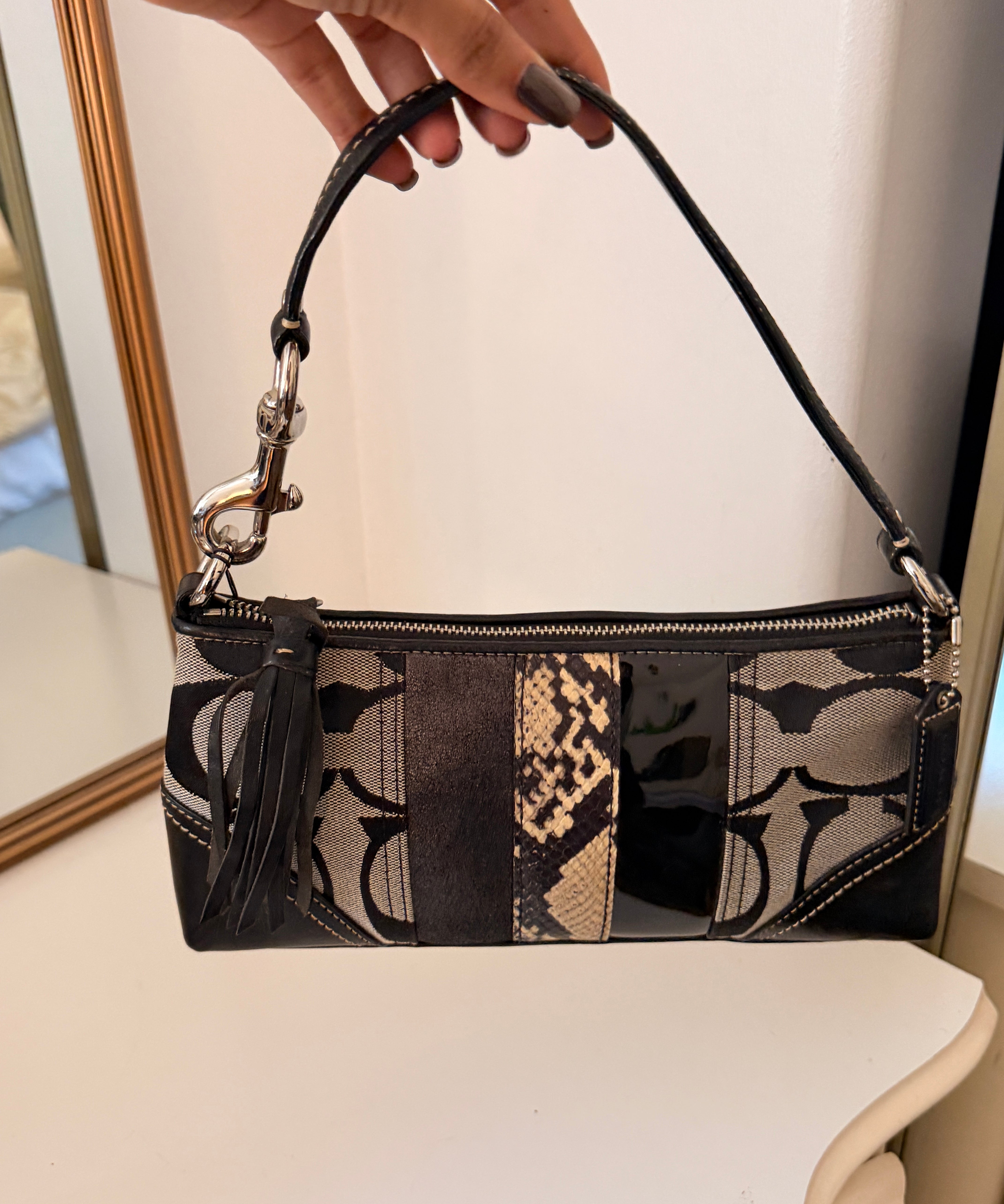 Rare Coach Black Signature East West Baguette with Snakeskin Stripe