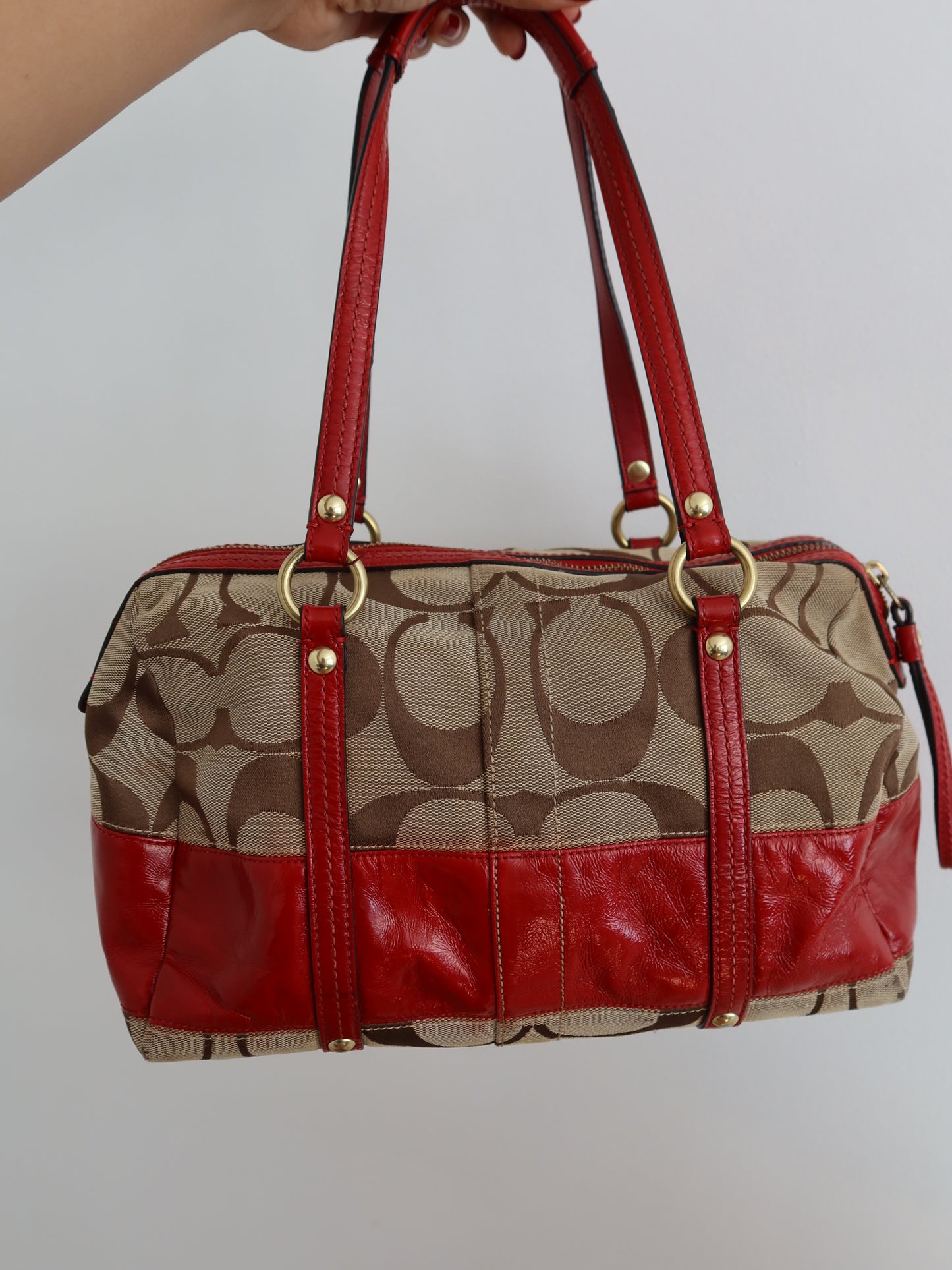 Red Coach Stripe Satchel Bag