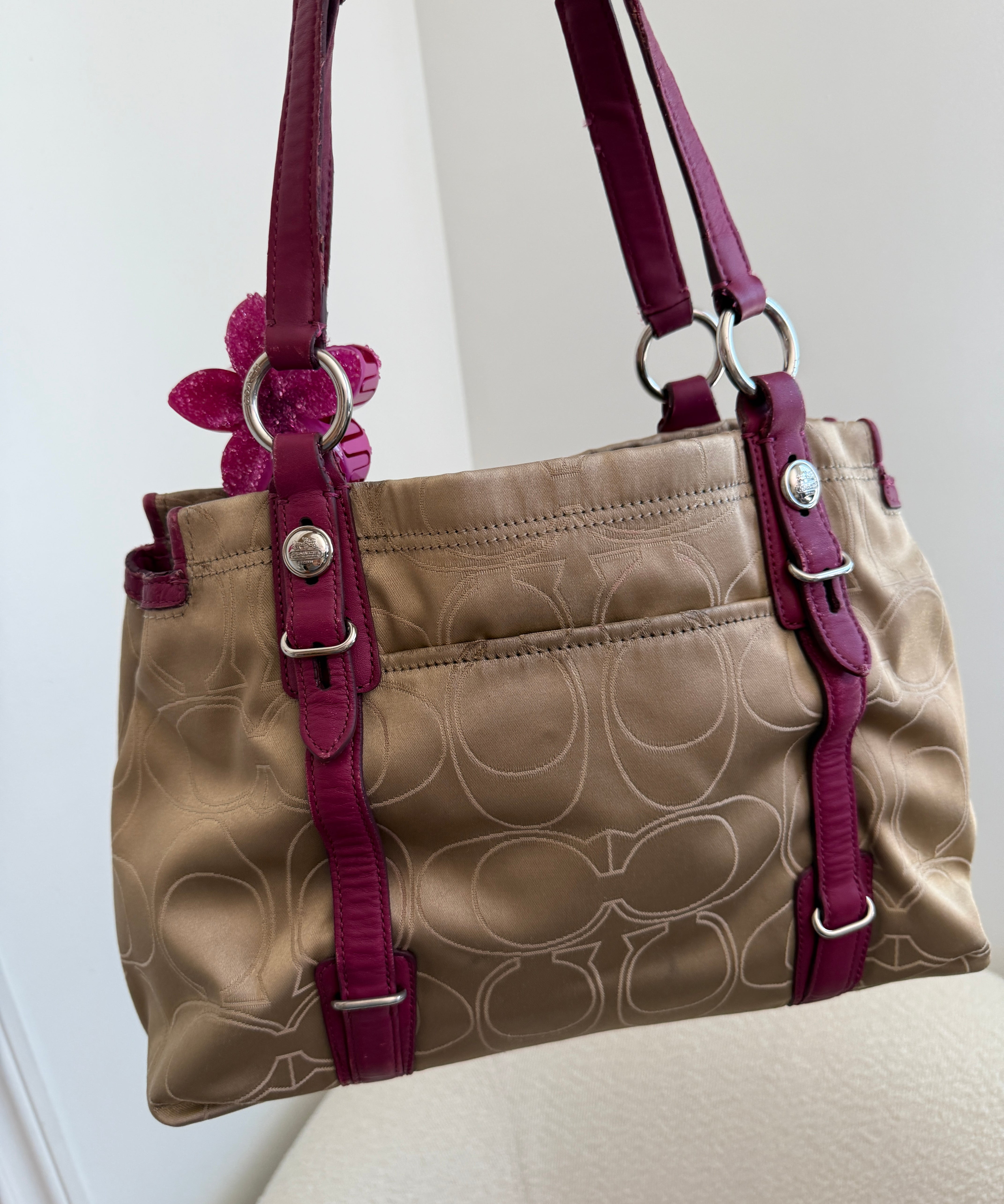 Coach Beige Signature Tote Bag with Pink Trim