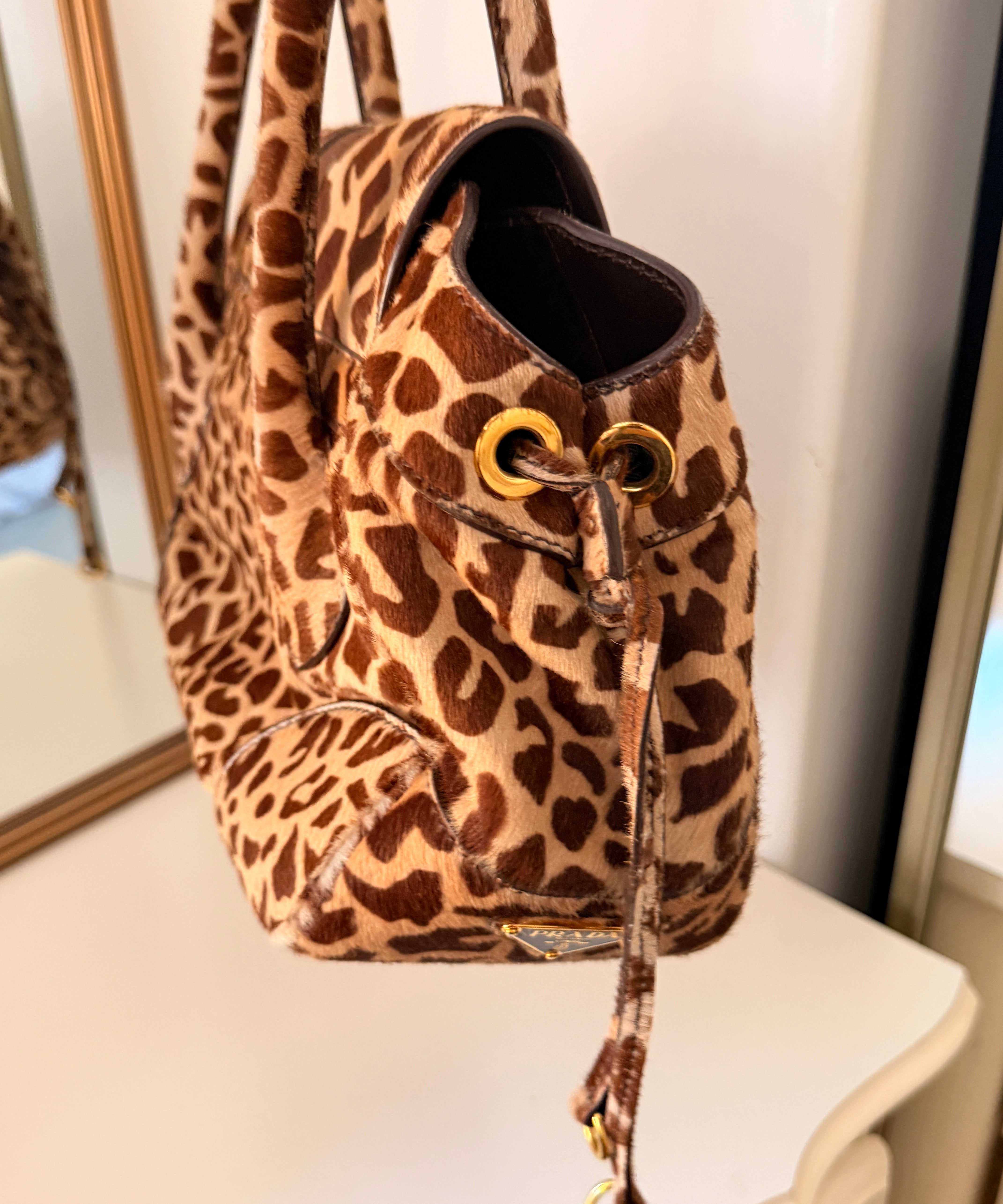 Prada Giraffe Print Calf Hair Buckle Bag