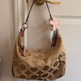 Beige Op Art Madison Signature Shoulder Bag with Pink Straps