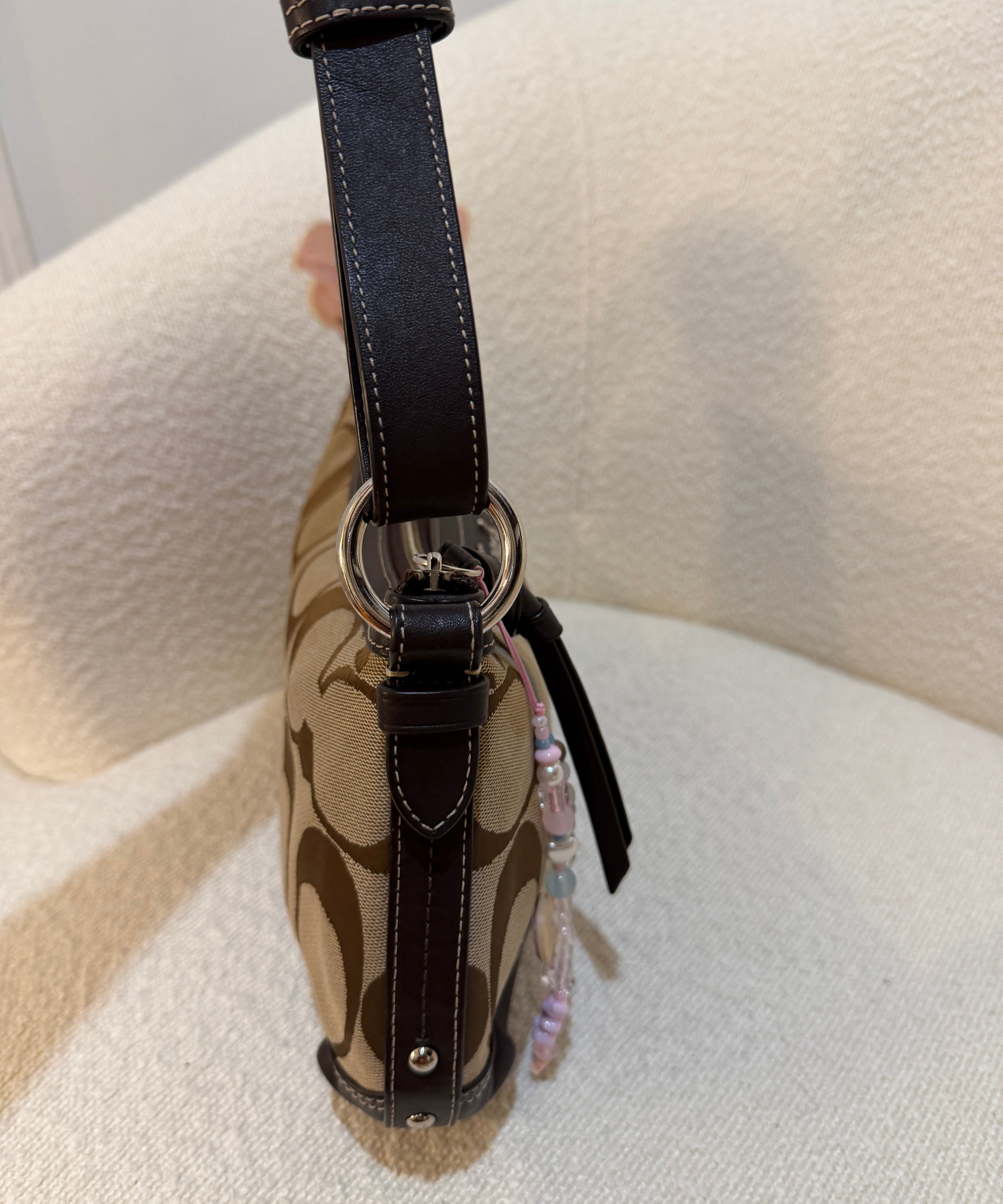 Brown Coach Signature Shoulder Bag with Brown Leather Trim