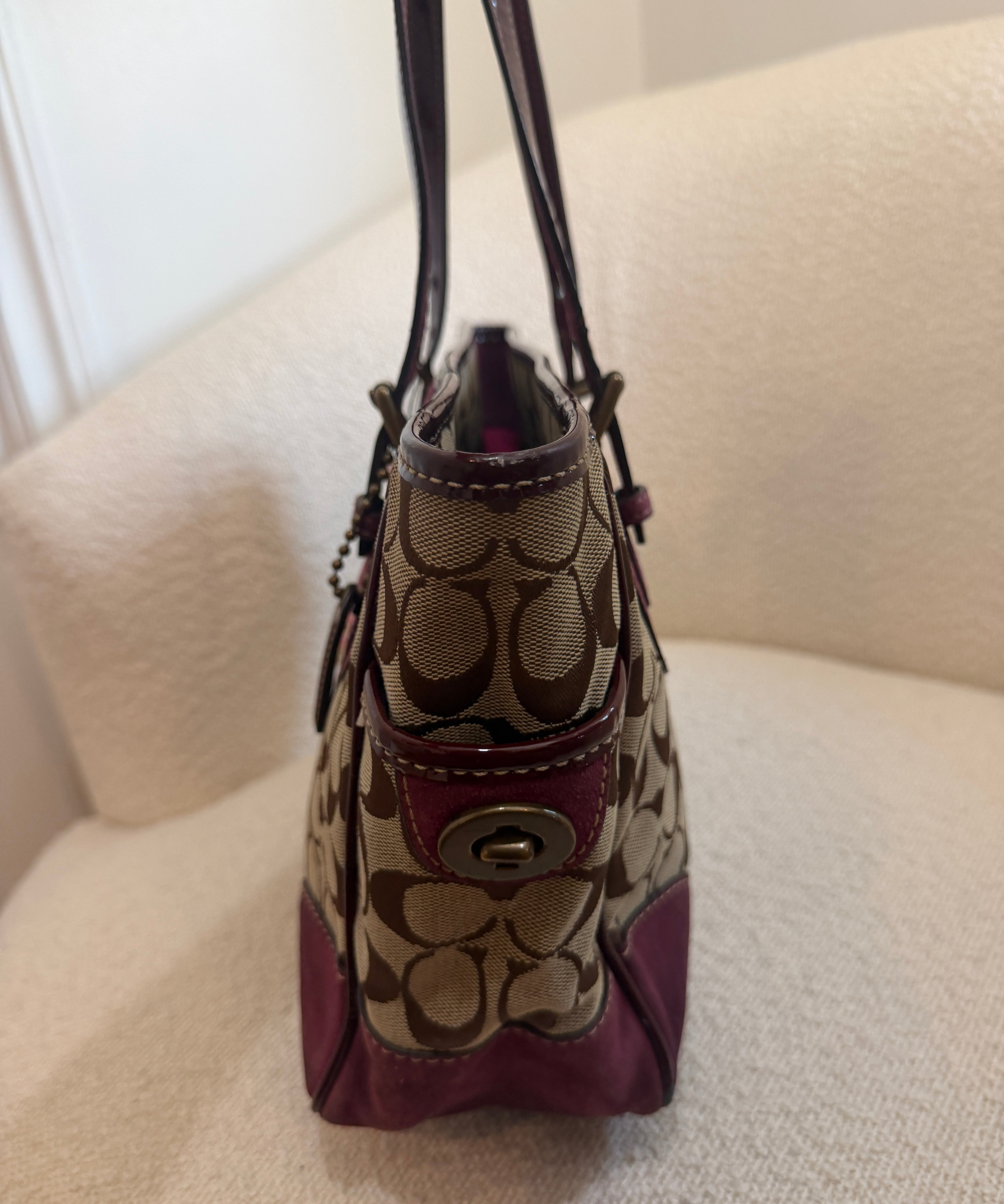 Coach Purple Suede Trim Signature Gallery Tote Bag