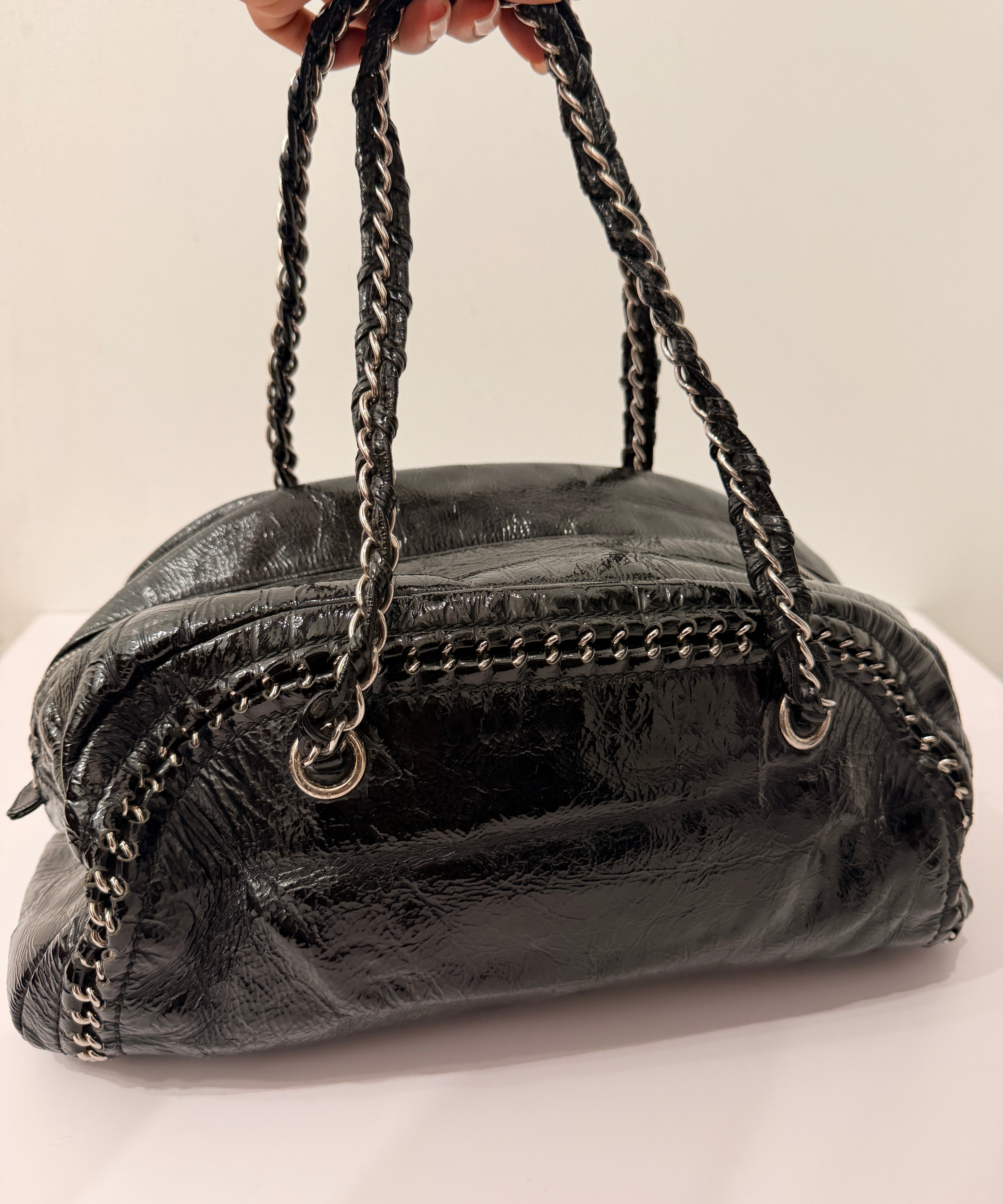 Chanel Black Patent Luxe Ligne Bowler Bag Set