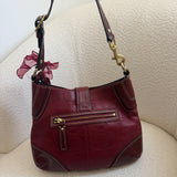 Coach Red Leather Hamptons Signature Hobo Bag with Gold Buckle Clip